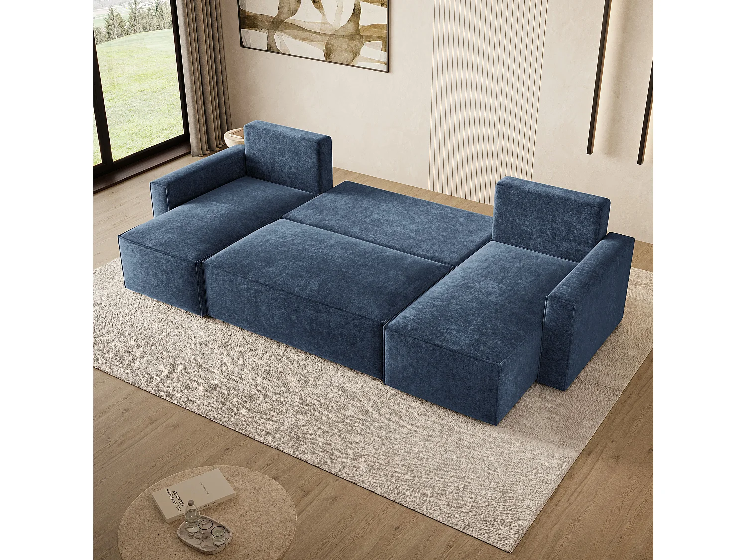 Hoekbank ASPRA, met slaapfunctie, Chenille Blauw