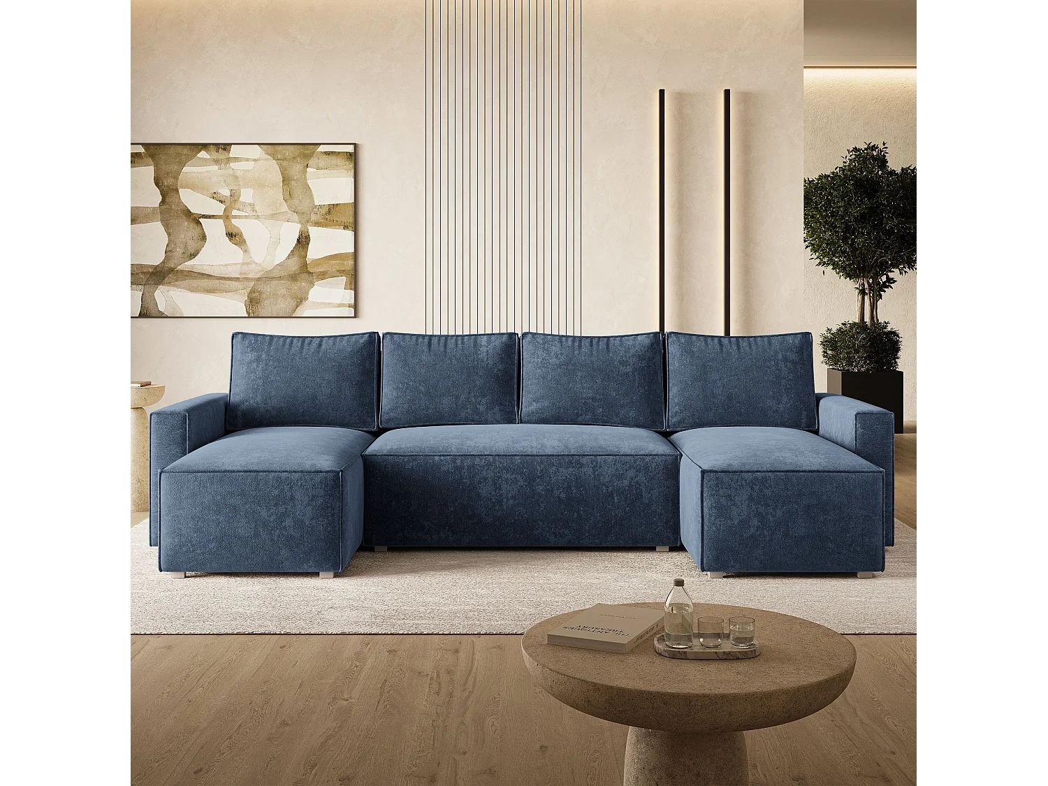 Hoekbank ASPRA, met slaapfunctie, Chenille Blauw
