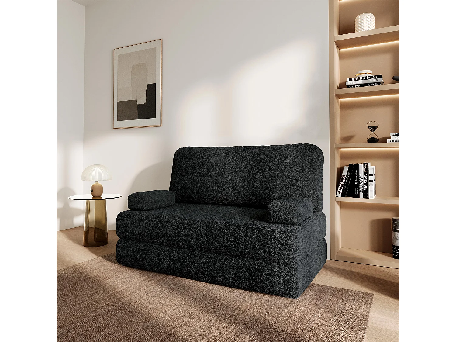 Canapé compressé KESTE sans cadre métallique, Tissu bouclé, Noir