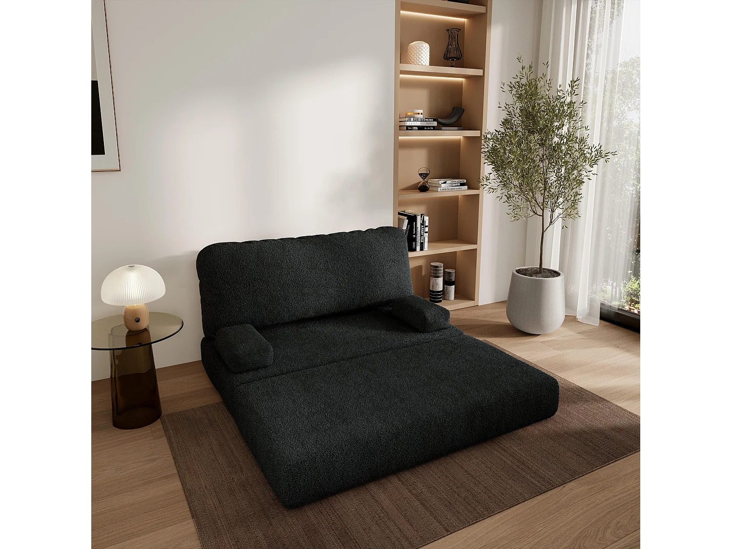 Canapé compressé KESTE sans cadre métallique, Tissu bouclé, Noir