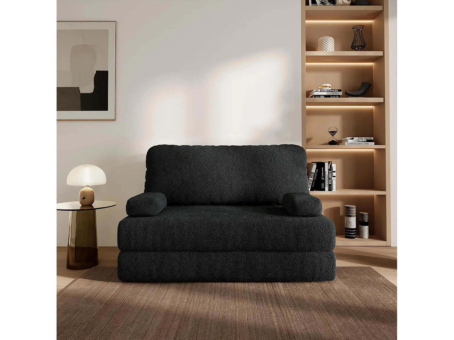 Canapé compressé KESTE sans cadre métallique, Tissu bouclé, Noir