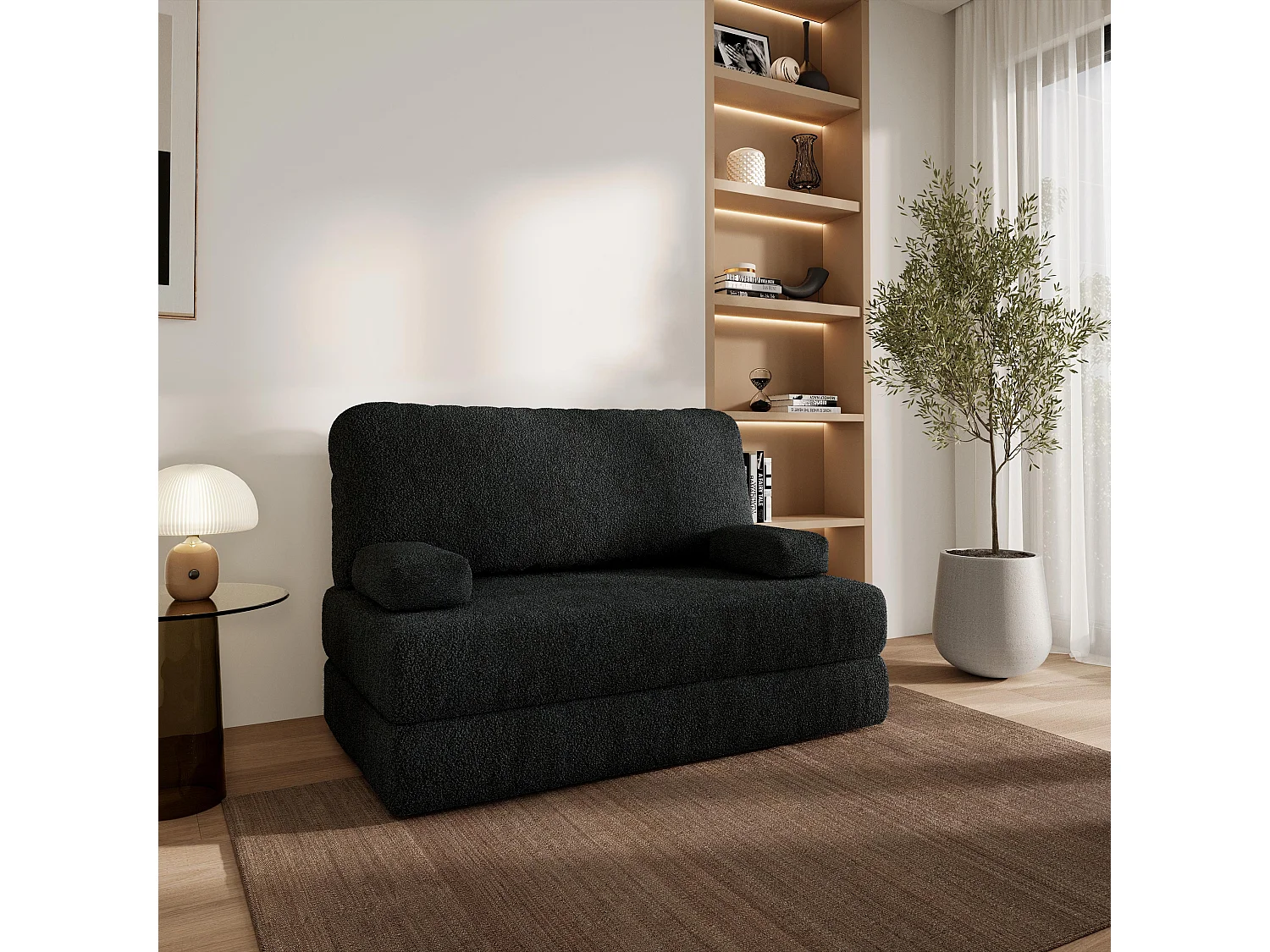 Canapé compressé KESTE sans cadre métallique, Tissu bouclé, Noir