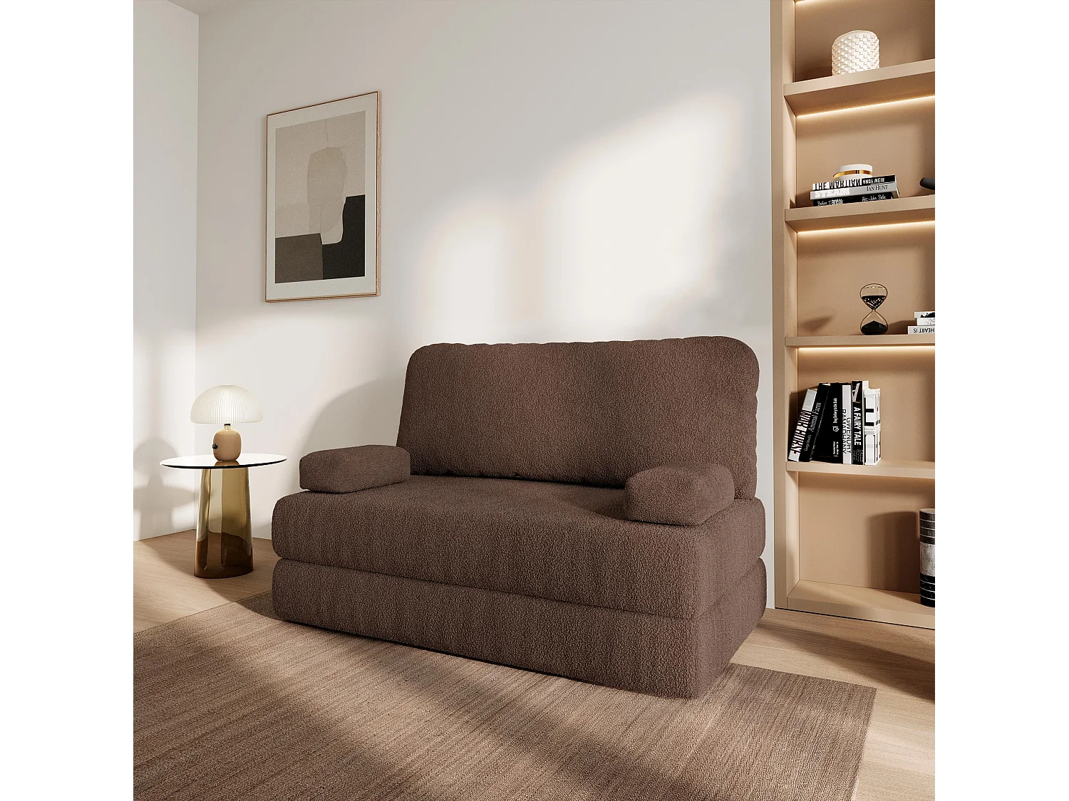 Canapé compressé KESTE sans cadre métallique, Tissu bouclé, Marron