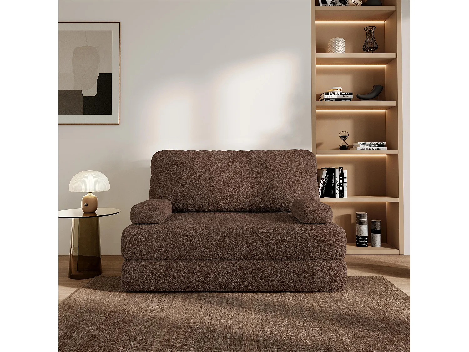 Canapé compressé KESTE sans cadre métallique, Tissu bouclé, Marron