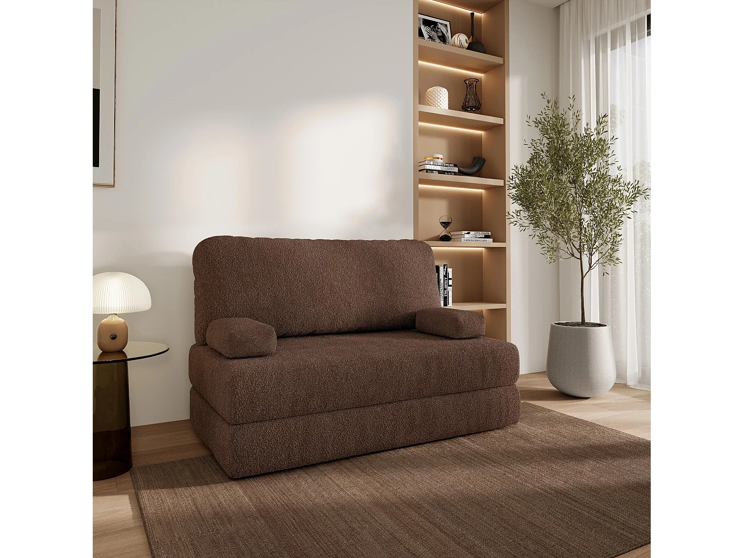 Canapé compressé KESTE sans cadre métallique, Tissu bouclé, Marron