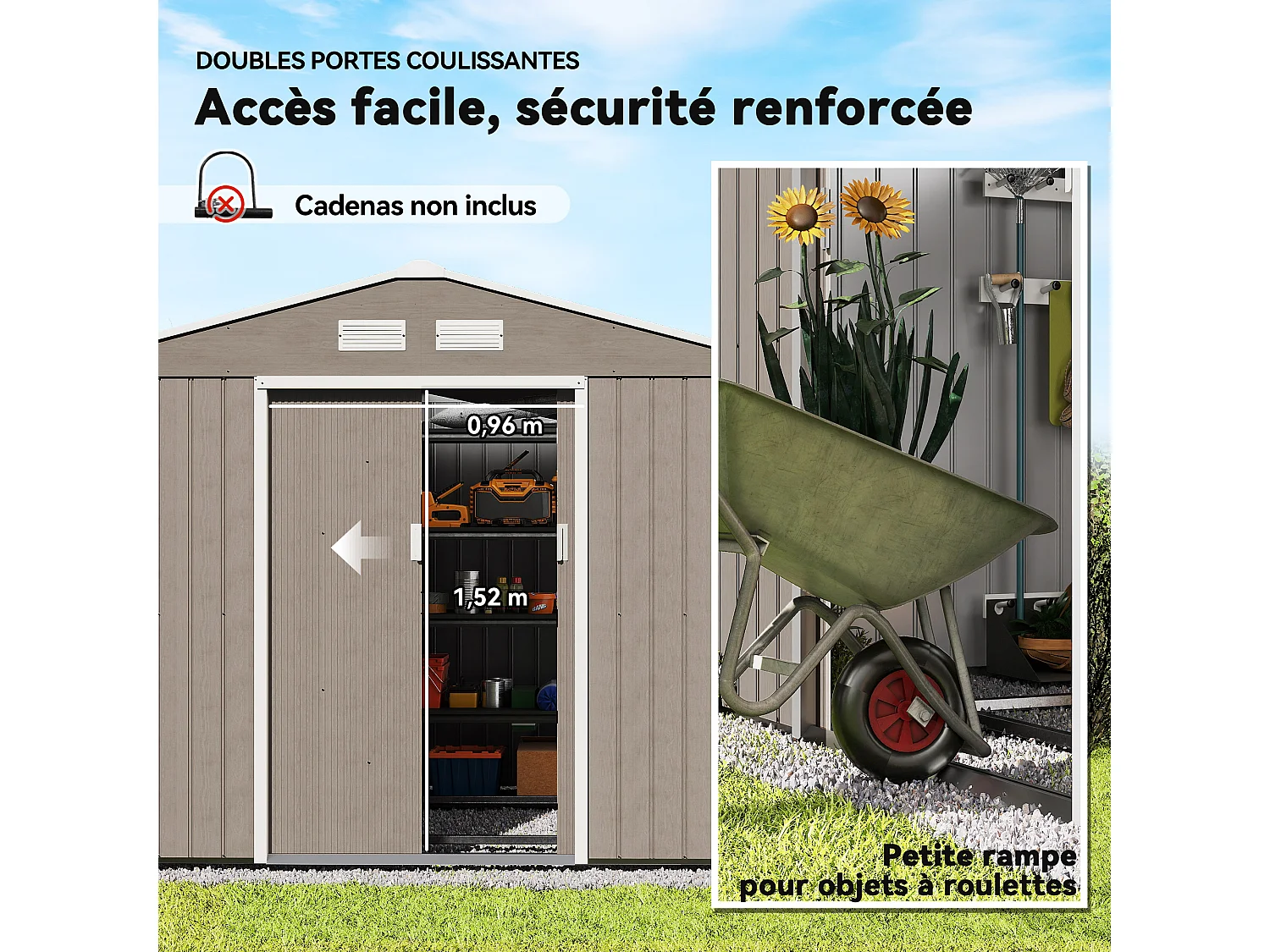 Abri de jardin - cabanon double porte coulissante, fondation incluse - 277 x 191 x 192 cm - tôle d'acier ondulée effet bois