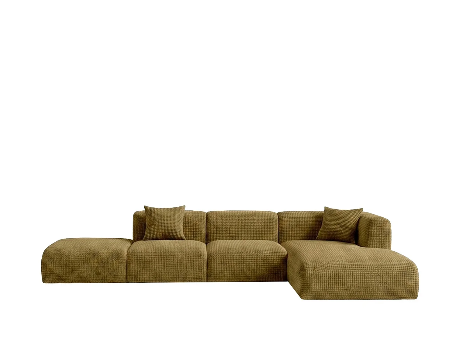 Canapé d’angle en L avec pouf, tissu chenille Cremona, Vert olive, Droit, GRETA