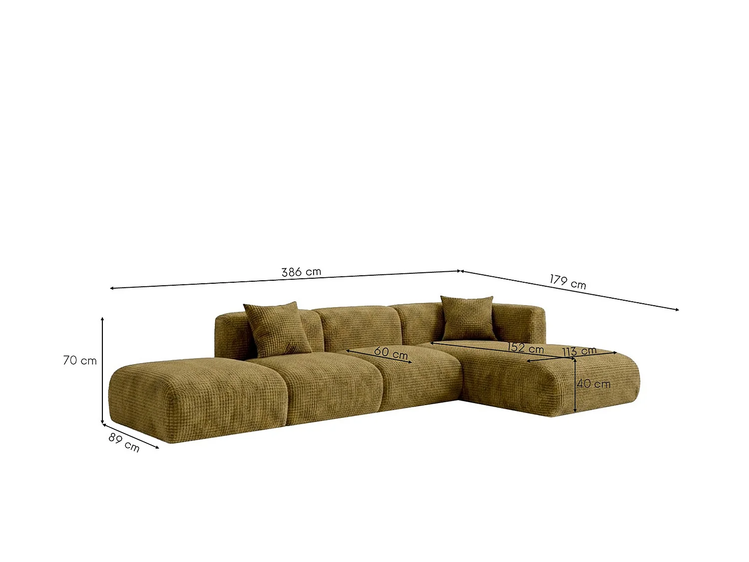 Canapé d’angle en L avec pouf, tissu chenille Cremona, Vert olive, Droit, GRETA