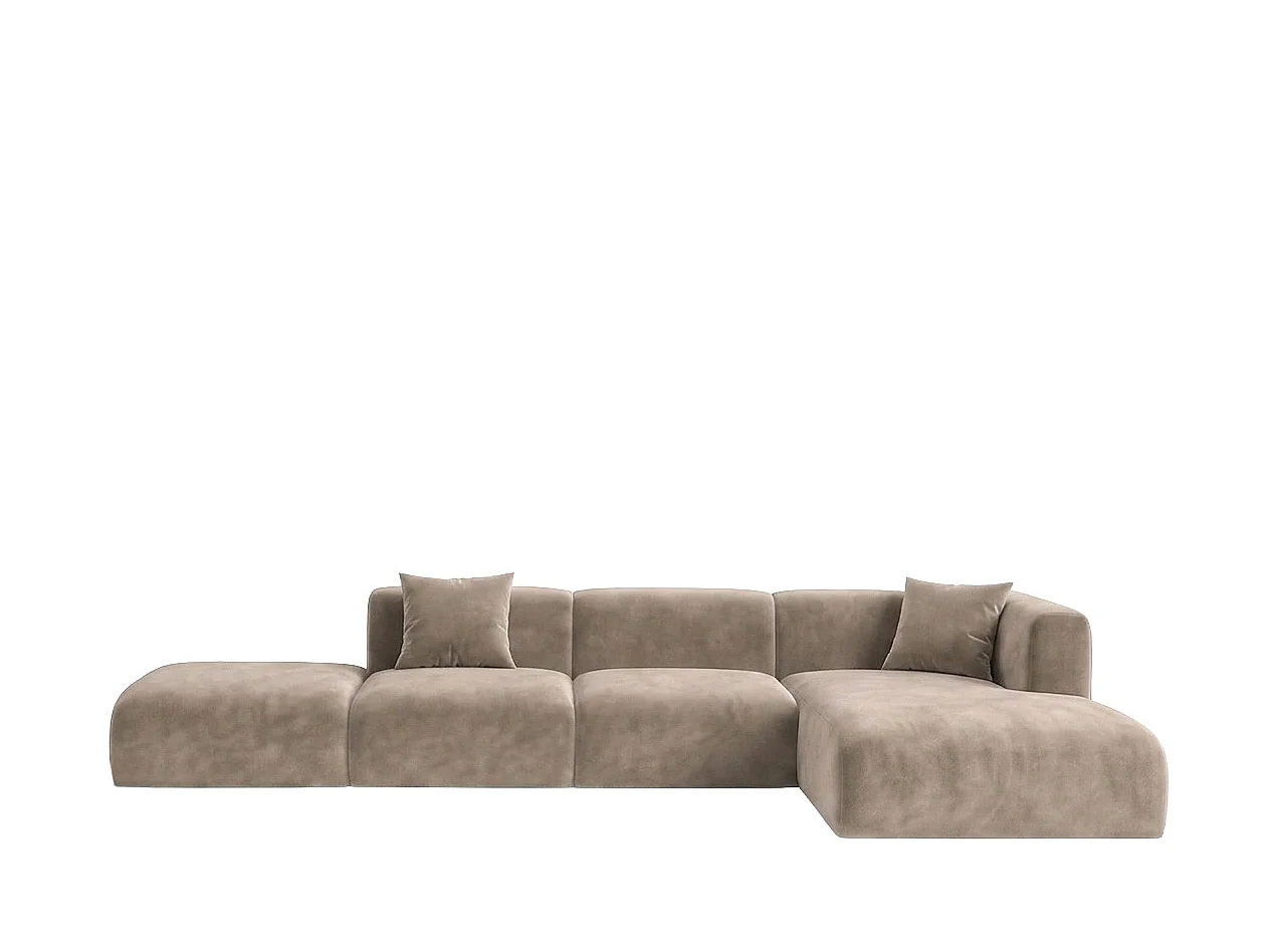 Canapé d'angle en L avec pouf, tissu velours Bluvel, Latte, Droite, GRETA