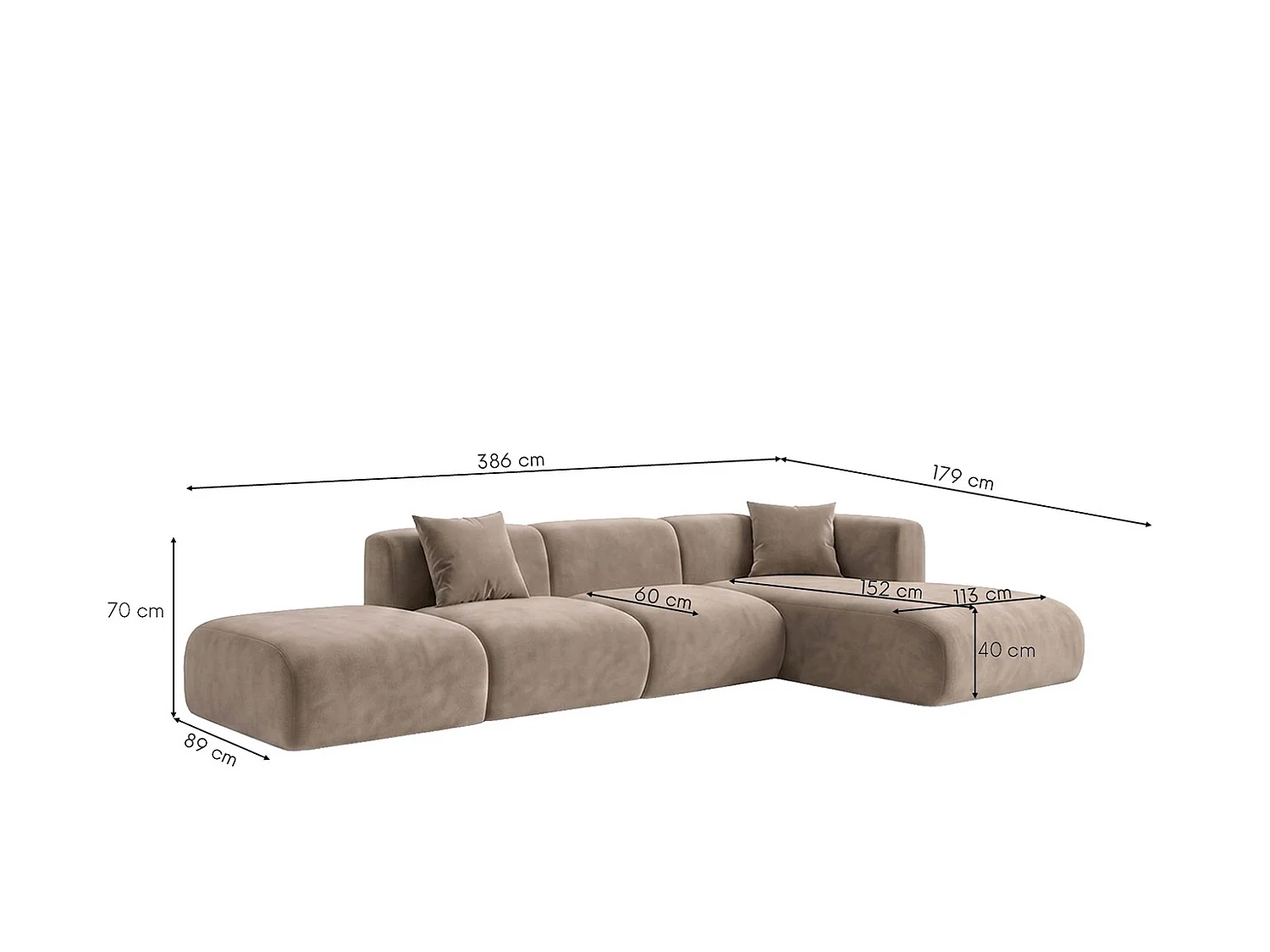 Canapé d'angle en L avec pouf, tissu velours Bluvel, Latte, Droite, GRETA