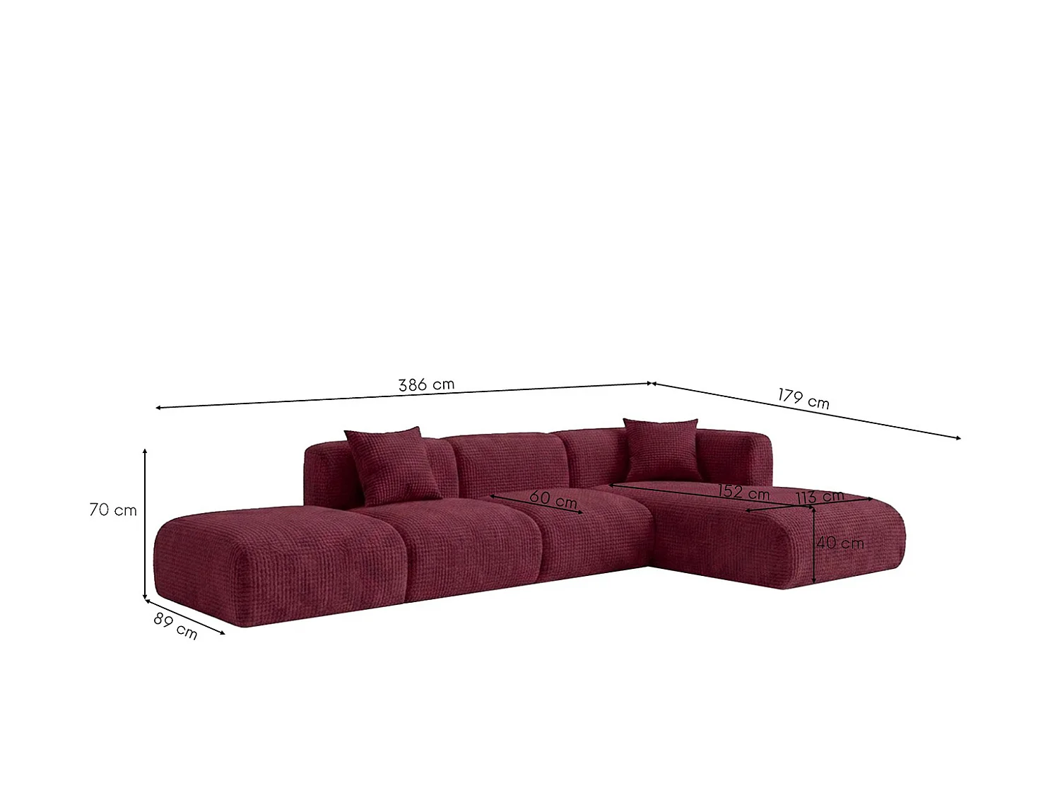 Canapé d’angle en L avec pouf, tissu chenille Cremona, Bordeaux, Droit, GRETA