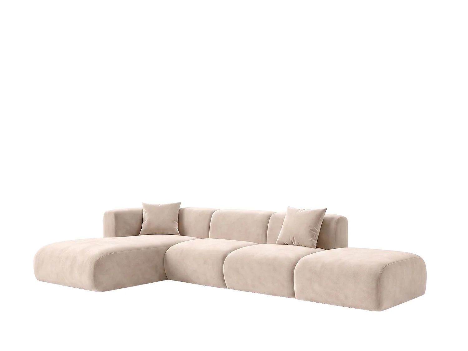 Canapé d'angle en L avec pouf, tissu velours Bluvel, Crème, Gauche, GRETA
