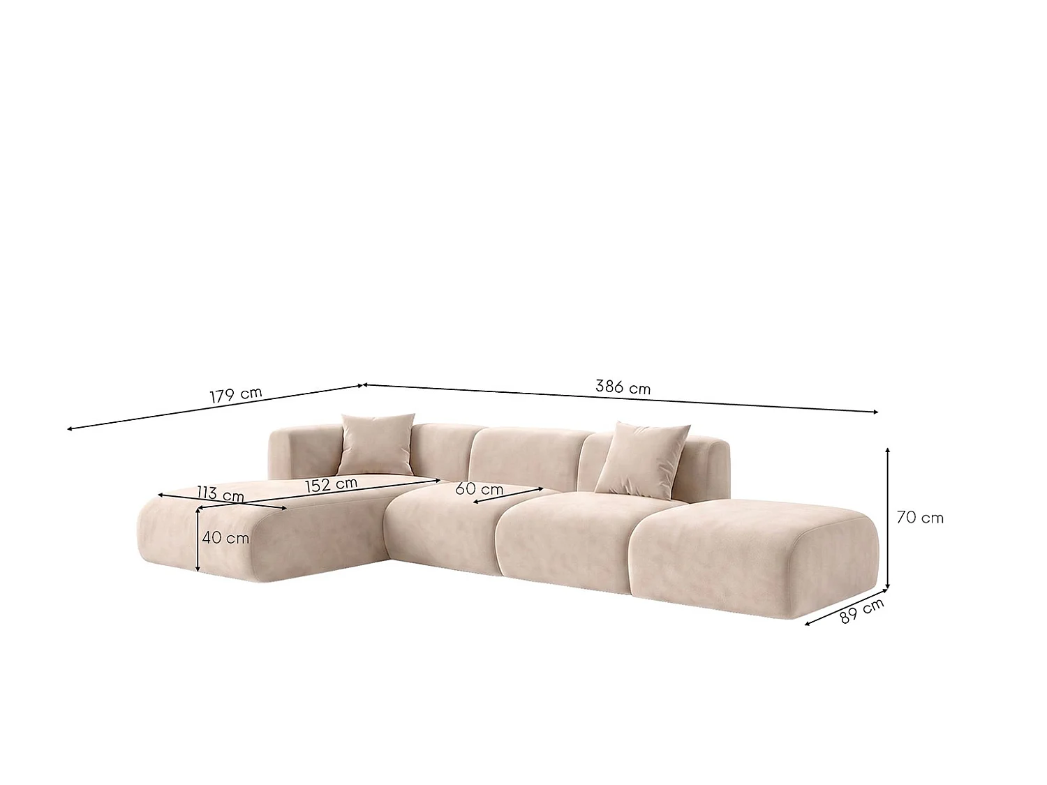 Canapé d'angle en L avec pouf, tissu velours Bluvel, Crème, Gauche, GRETA