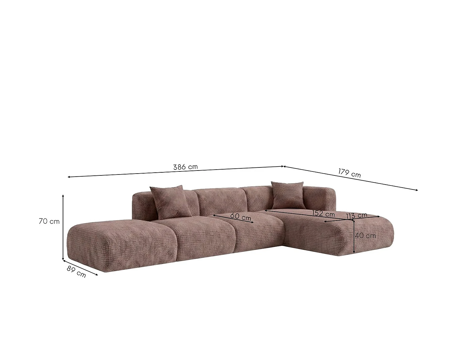 Canapé d’angle en L avec pouf, tissu chenille Cremona, Taupe, Droit, GRETA
