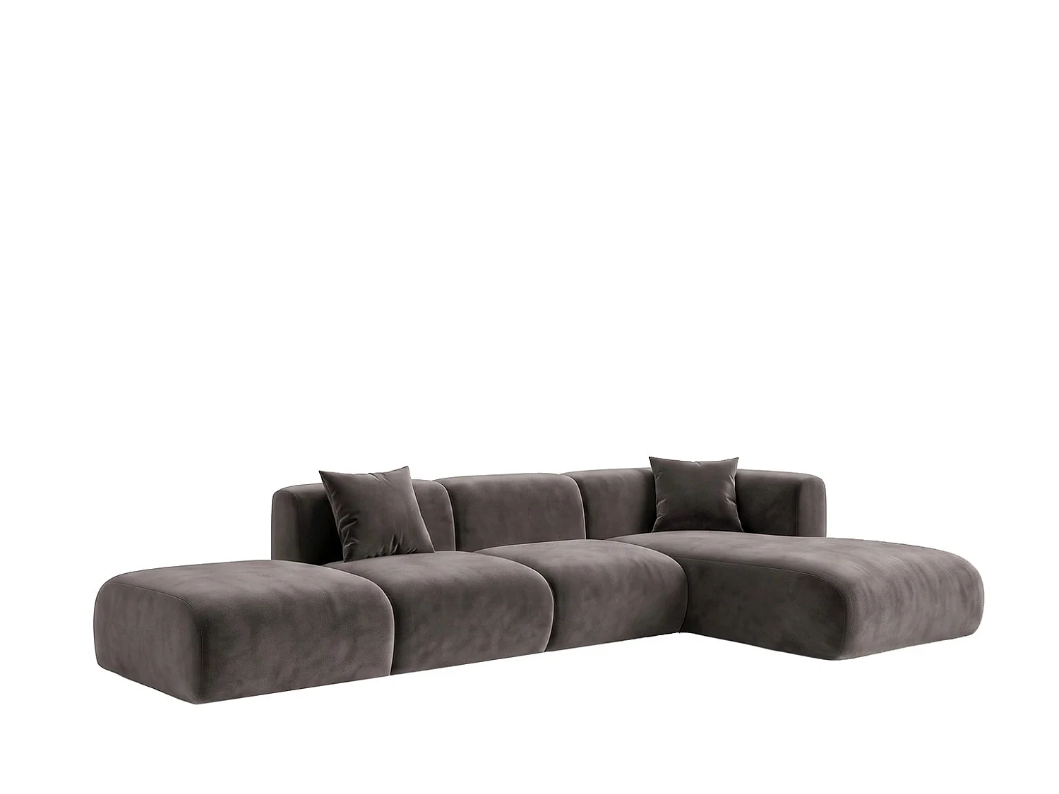 Canapé d'angle en L avec pouf, tissu velours Bluvel, Gris cendré, Droite, GRETA