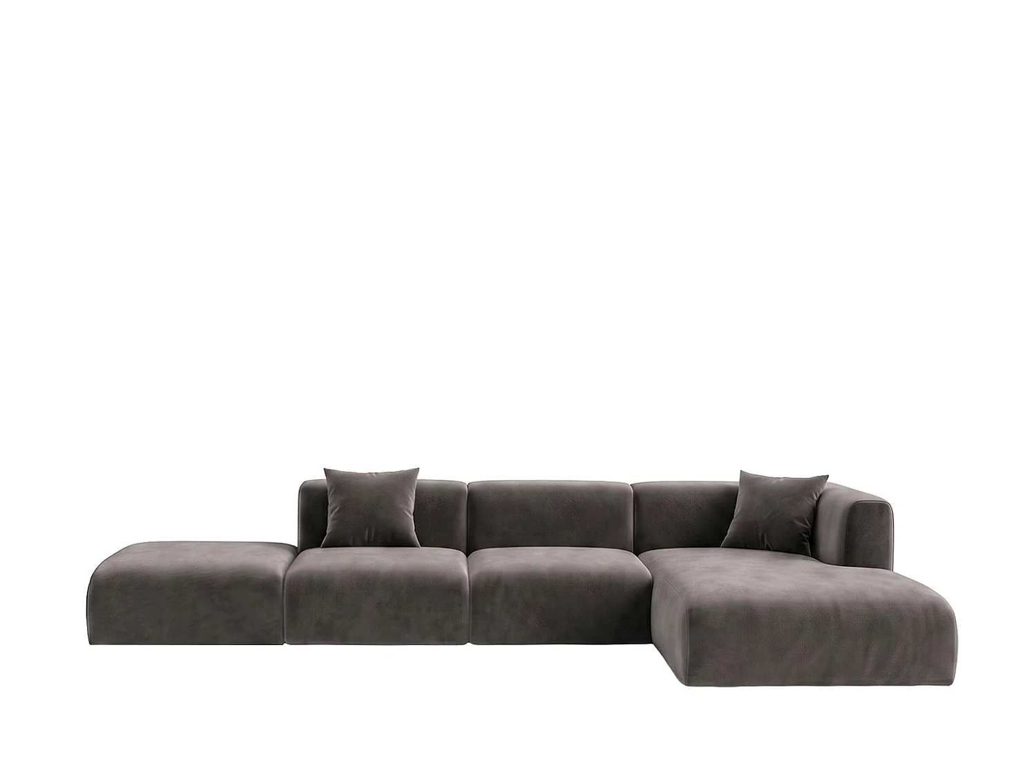 Canapé d'angle en L avec pouf, tissu velours Bluvel, Gris cendré, Droite, GRETA