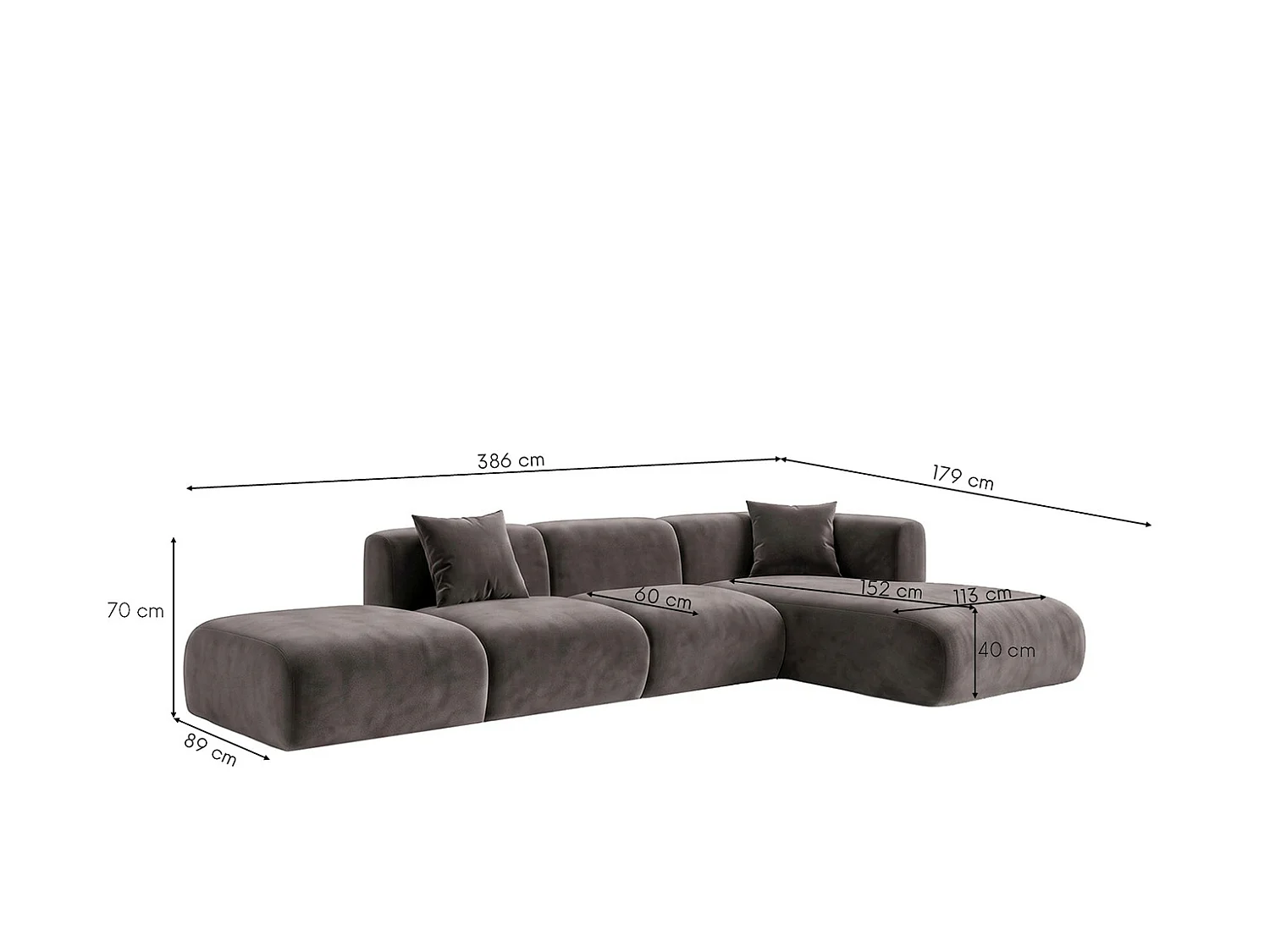 Canapé d'angle en L avec pouf, tissu velours Bluvel, Gris cendré, Droite, GRETA