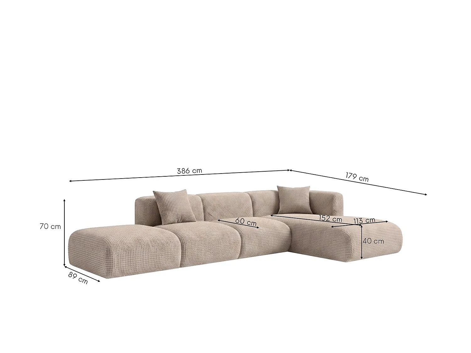 Canapé d’angle en L avec pouf, tissu chenille Cremona, Beige, Droit, GRETA