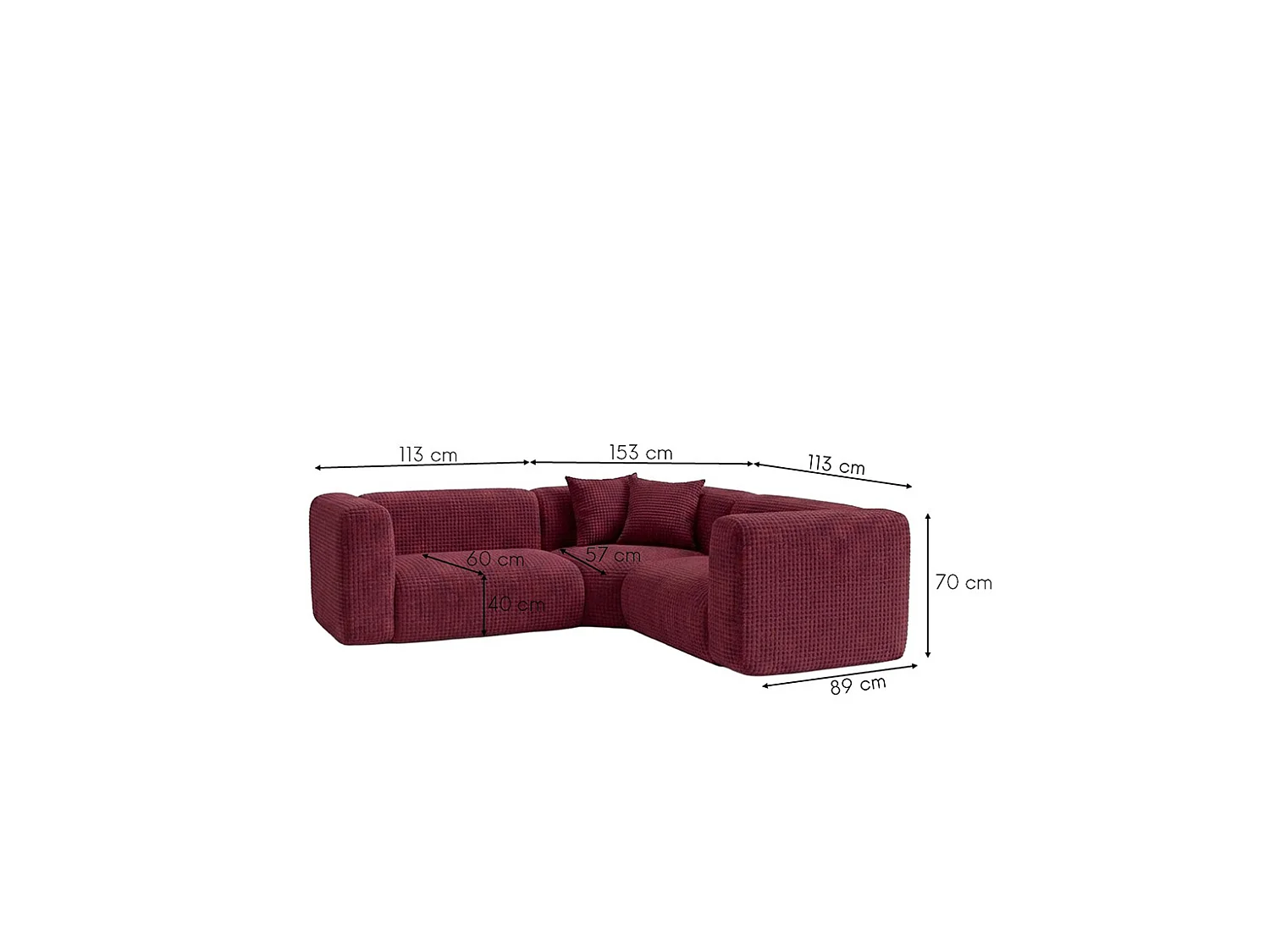 Canapé d’angle modulaire, Corner mini, tissu chenille Cremona, Bordeaux, GRETA