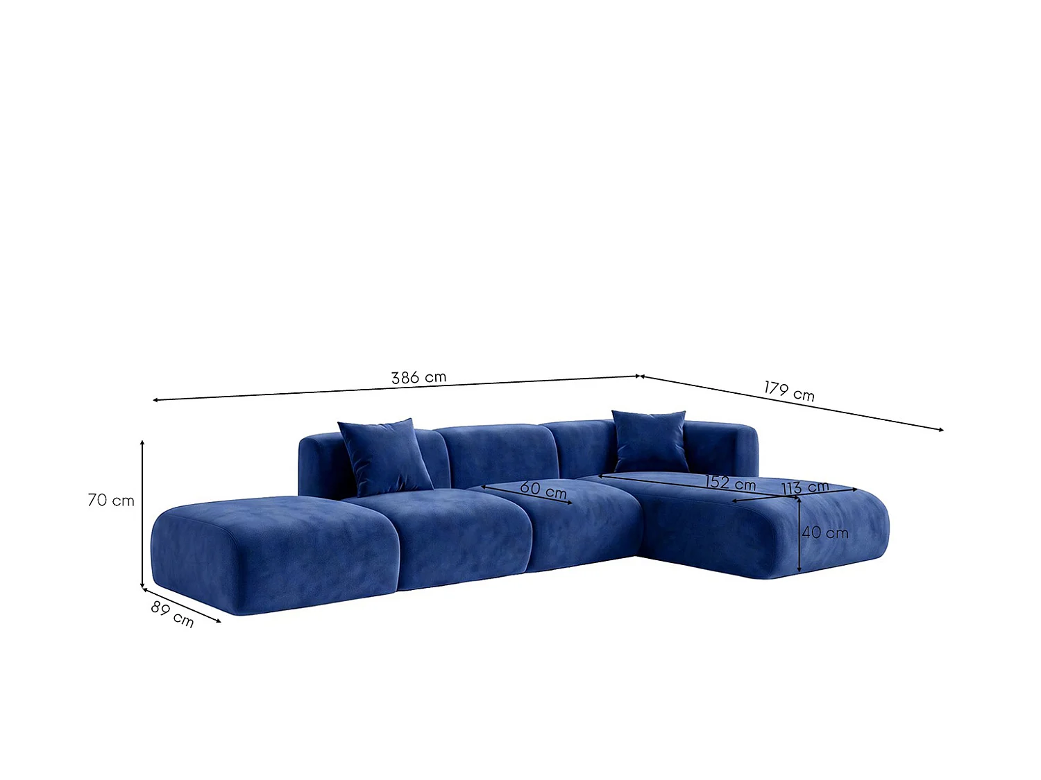 Canapé d'angle en L avec pouf, tissu velours Bluvel, Bleu encre, Droite, GRETA