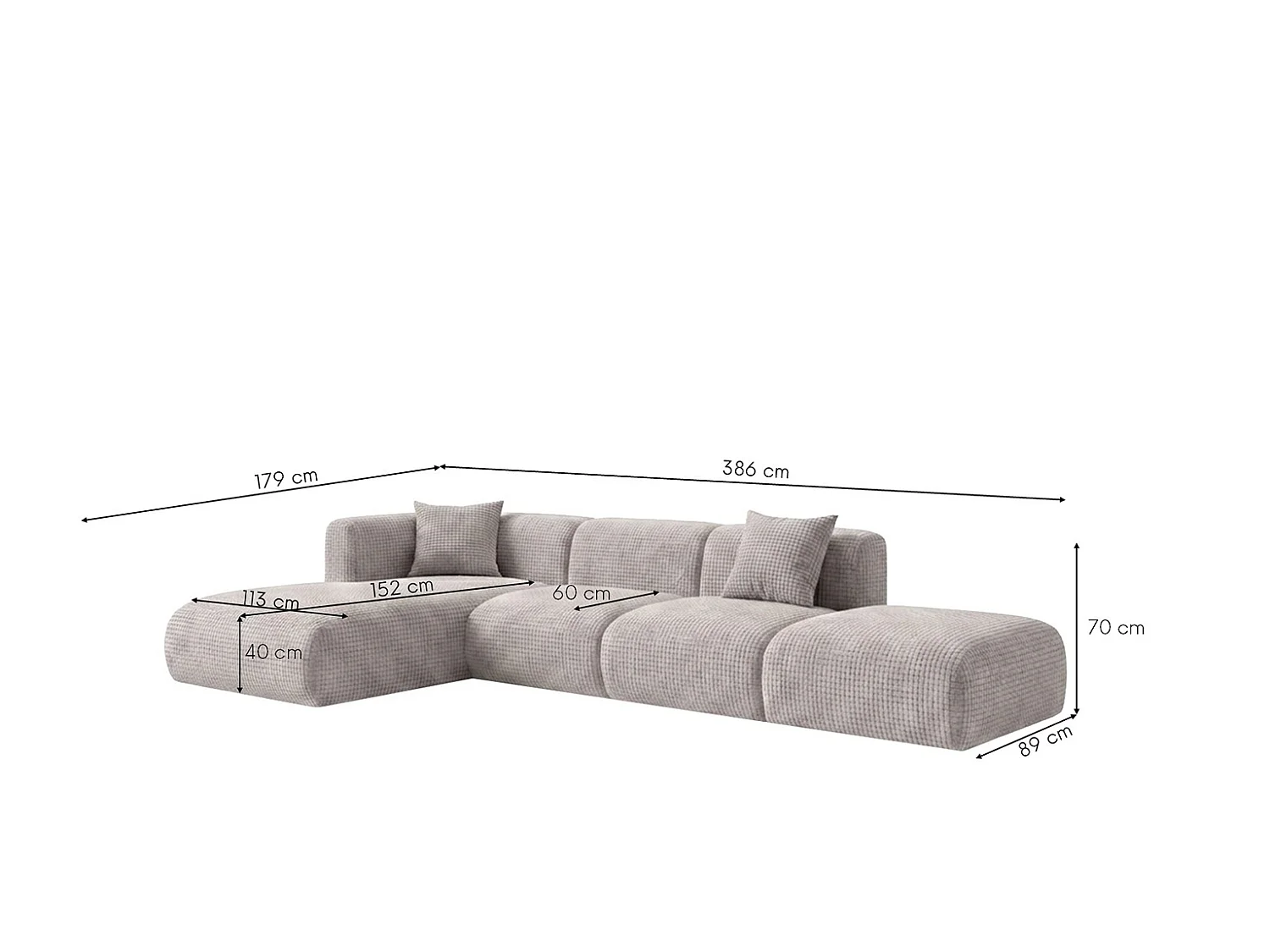 Canapé d’angle en L avec pouf, tissu chenille Cremona, Gris clair, Gauche, GRETA