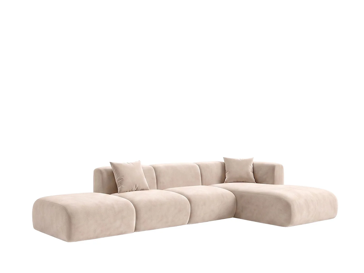 Canapé d'angle en L avec pouf, tissu velours Bluvel, Crème, Droite, GRETA