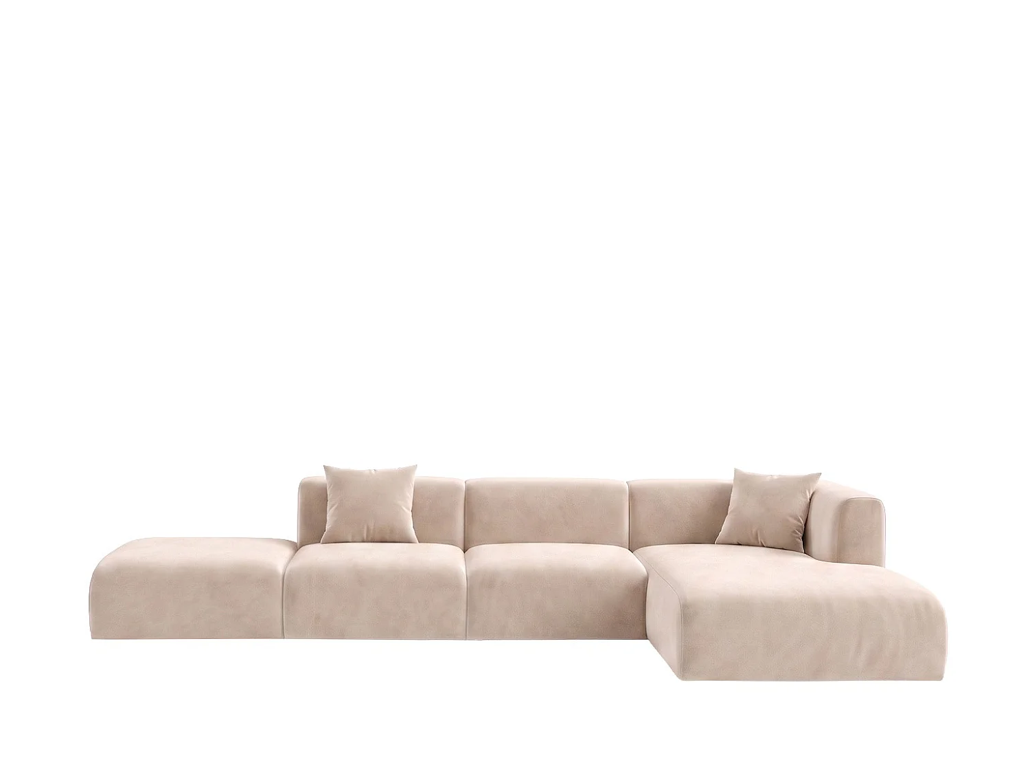 Canapé d'angle en L avec pouf, tissu velours Bluvel, Crème, Droite, GRETA