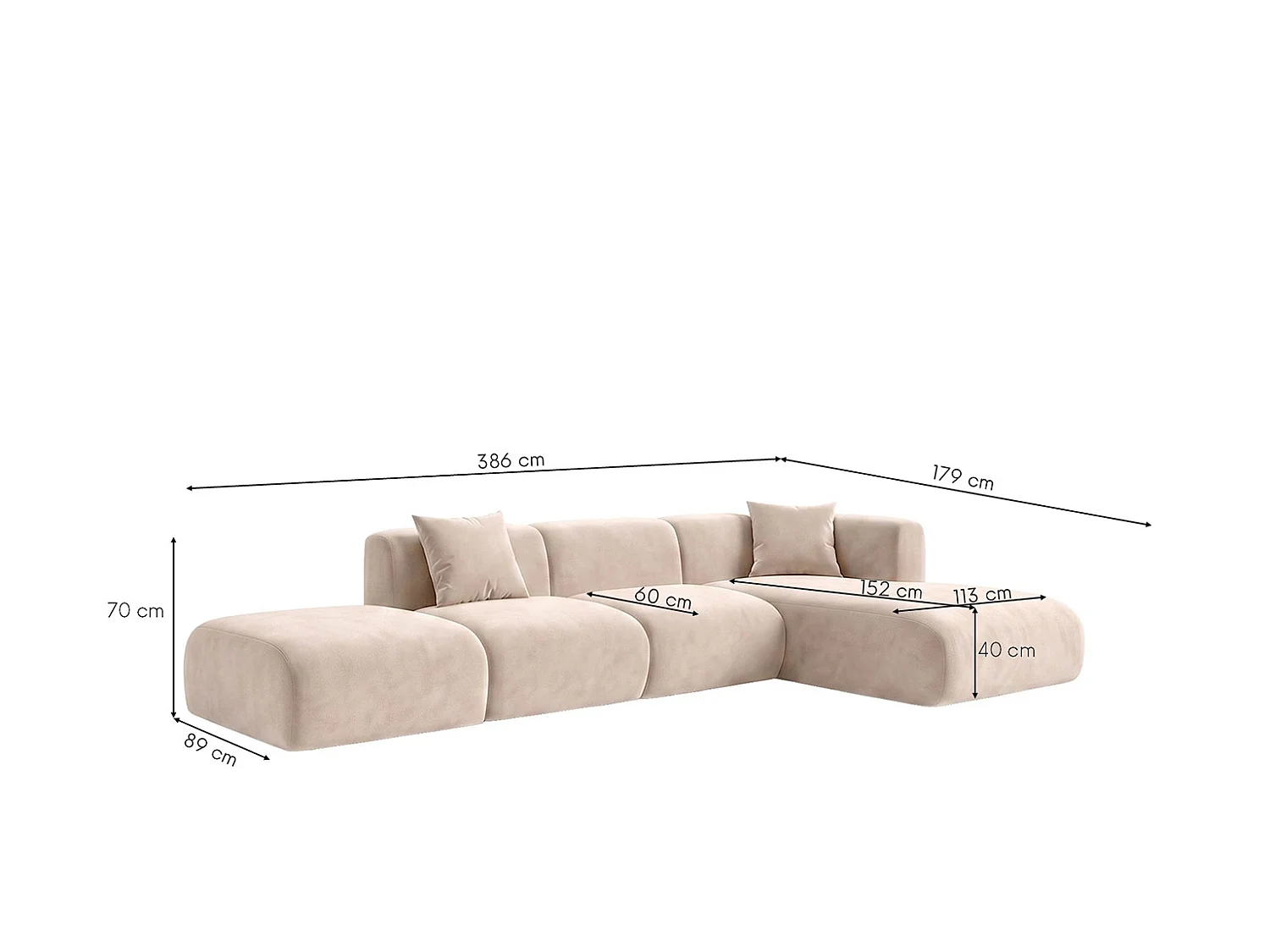 Canapé d'angle en L avec pouf, tissu velours Bluvel, Crème, Droite, GRETA