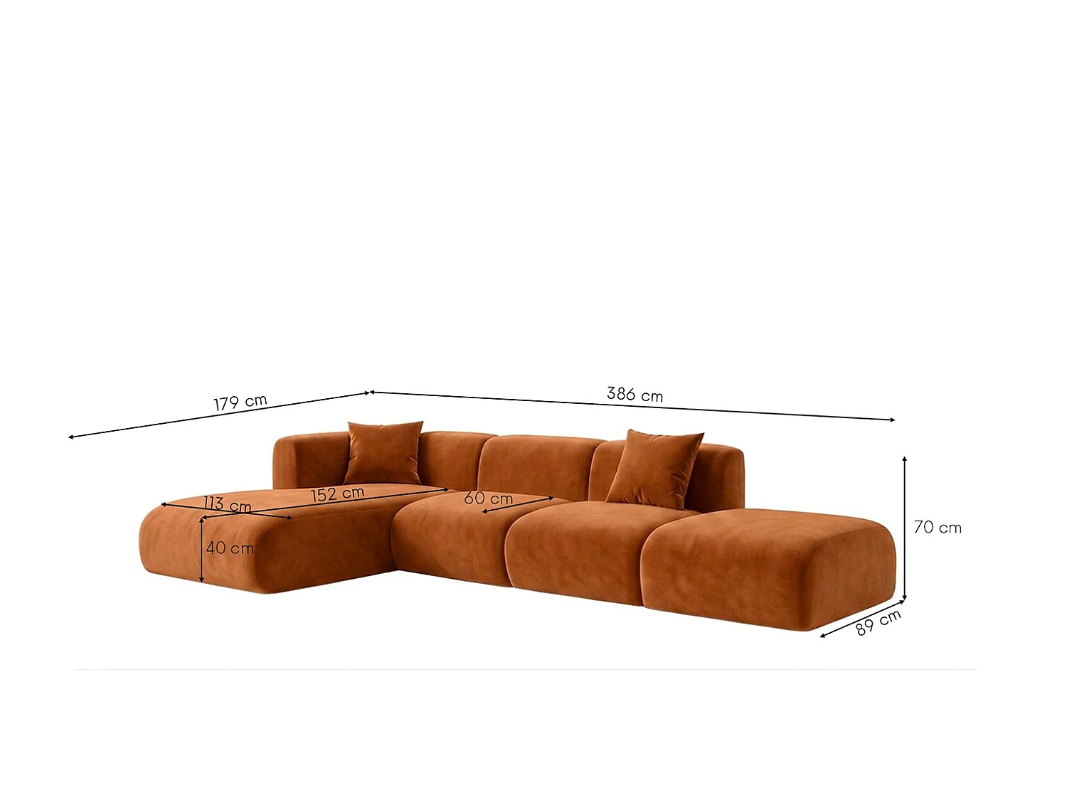 Canapé d'angle en L avec pouf, tissu velours Bluvel, Cannelle, Gauche, GRETA