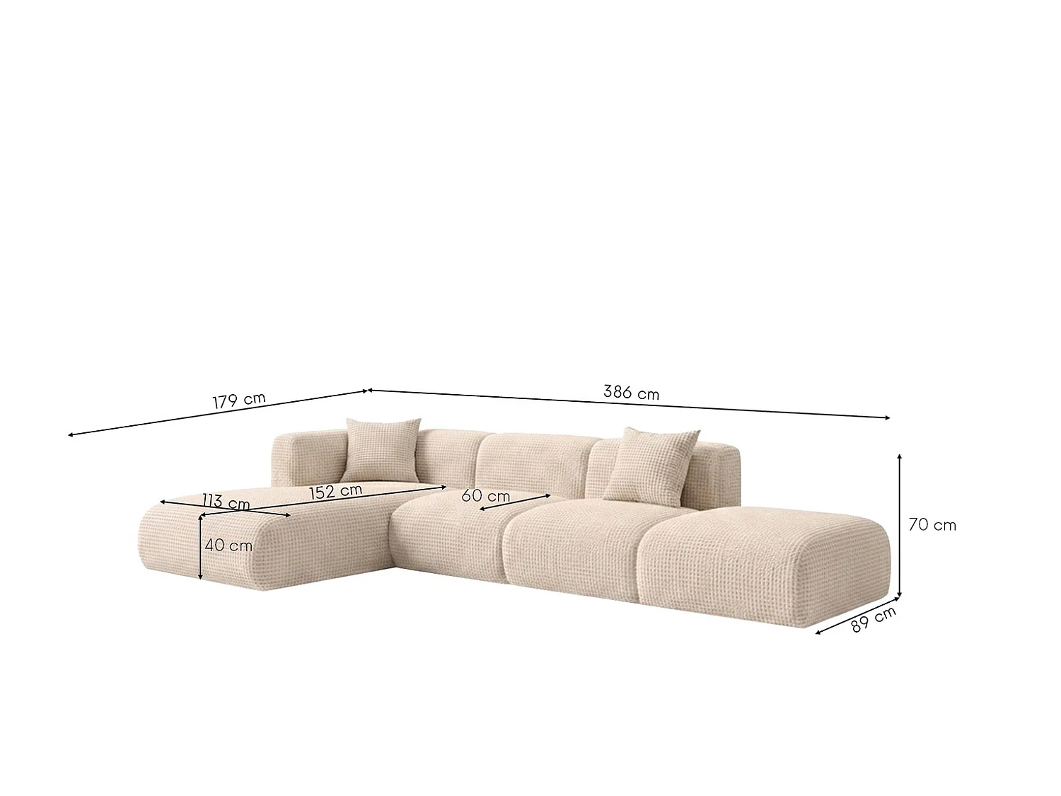 Canapé d’angle en L avec pouf, tissu chenille Cremona, Crème, Gauche, GRETA