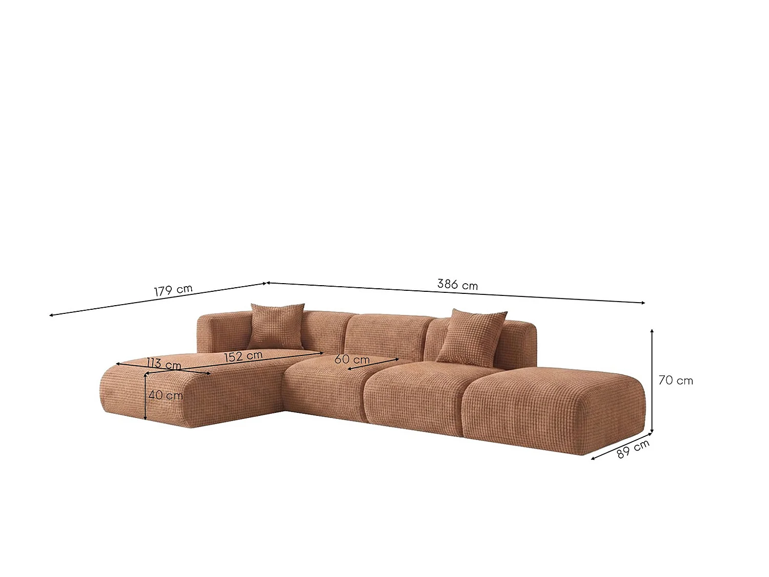 Canapé d’angle en L avec pouf, tissu chenille Cremona, Marron clair, Gauche, GRETA