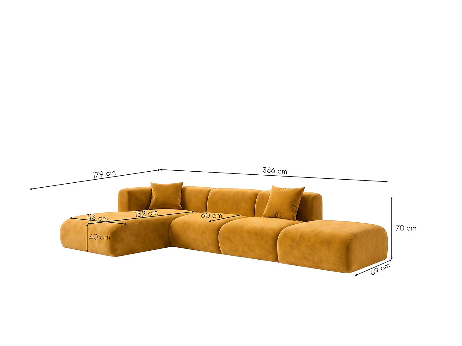 Canapé d'angle en L avec pouf, tissu velours Bluvel, Doré, Gauche, GRETA