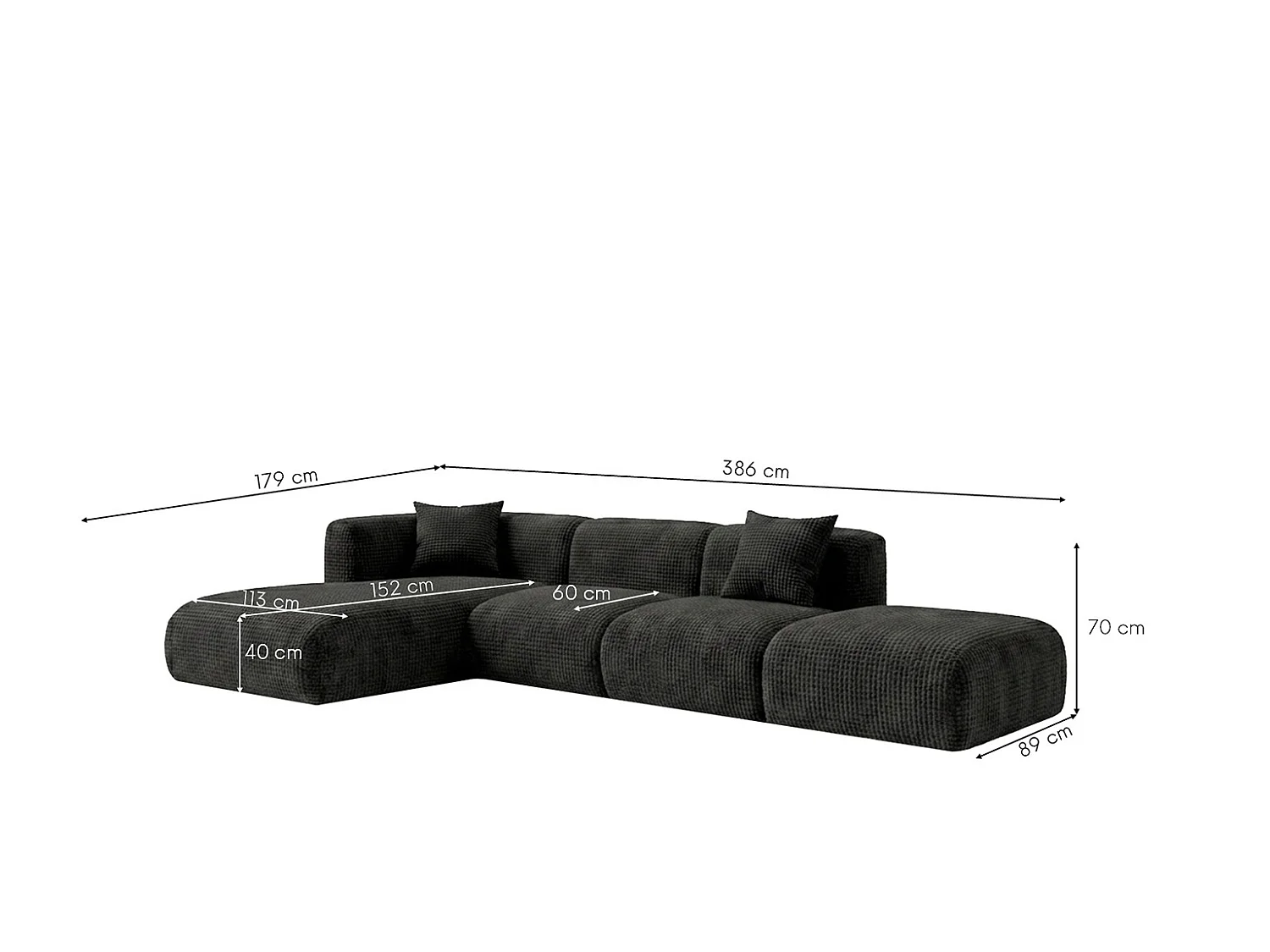 Canapé d’angle en L avec pouf, tissu chenille Cremona, Anthracite, Gauche, GRETA