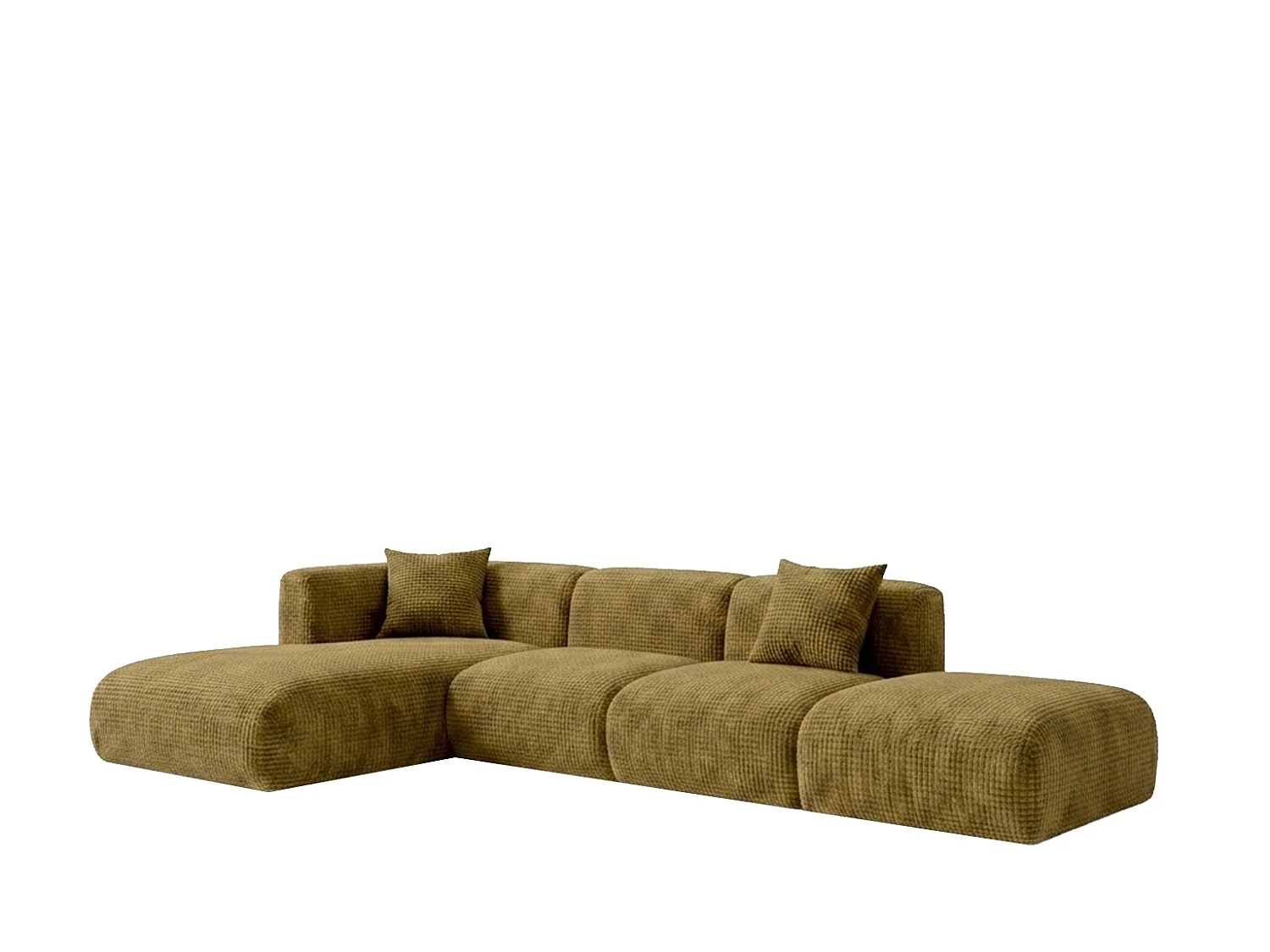 Canapé d’angle en L avec pouf, tissu chenille Cremona, Vert olive, Gauche, GRETA