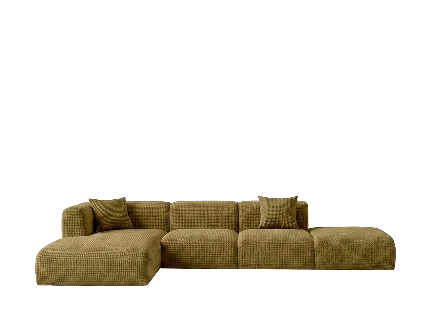 Canapé d’angle en L avec pouf, tissu chenille Cremona, Vert olive, Gauche, GRETA