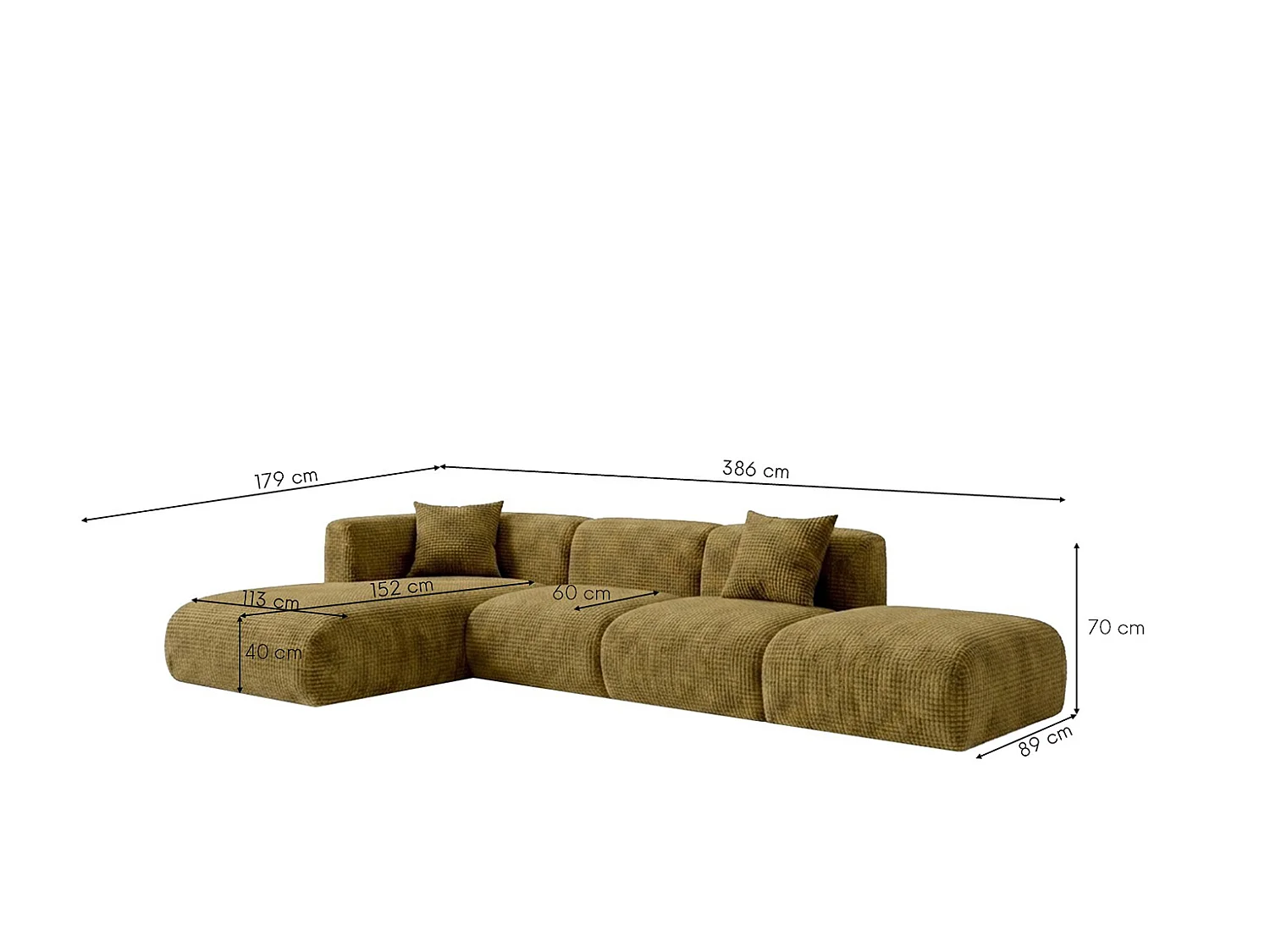 Canapé d’angle en L avec pouf, tissu chenille Cremona, Vert olive, Gauche, GRETA