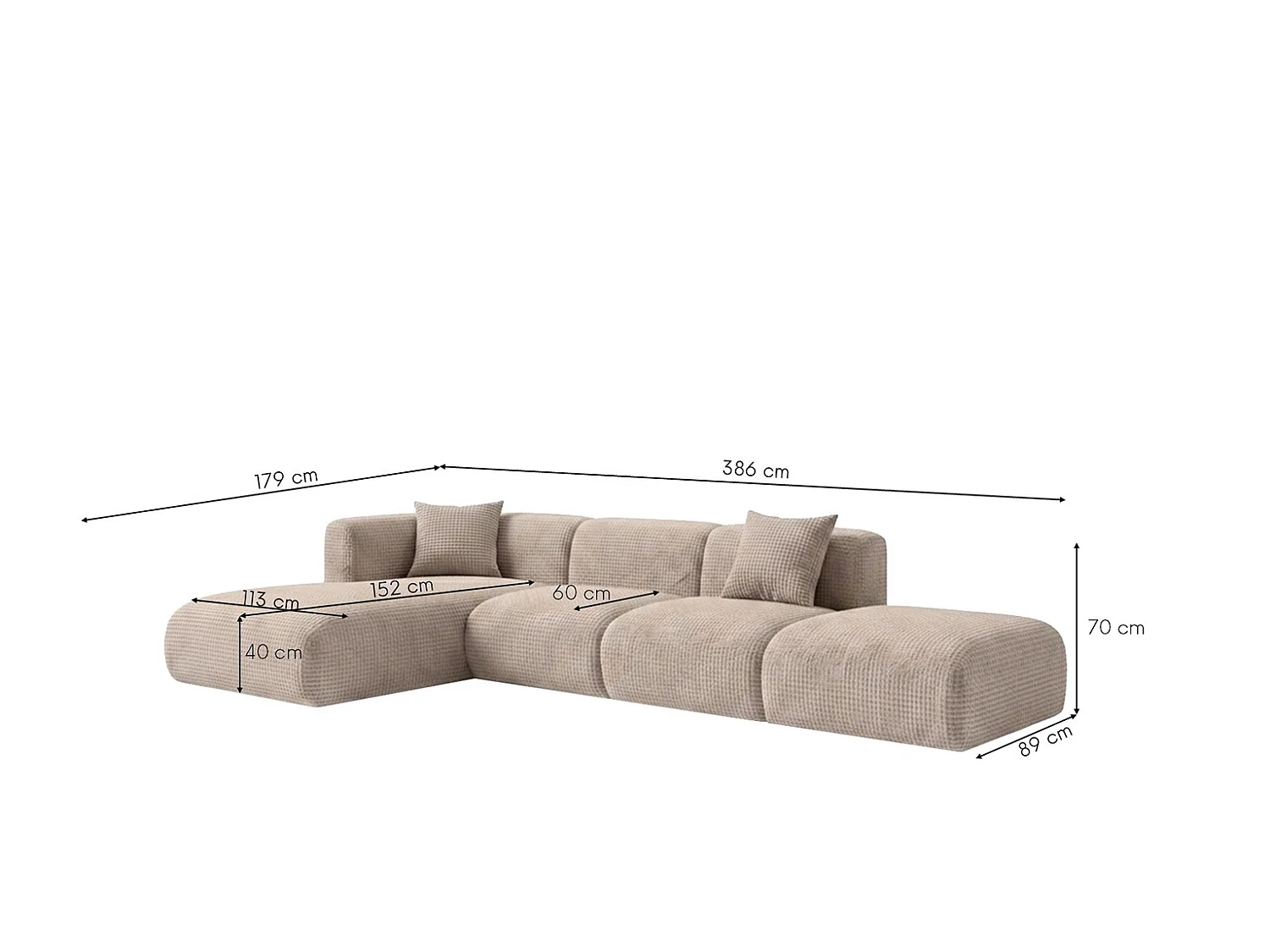 Canapé d’angle en L avec pouf, tissu chenille Cremona, Beige, Gauche, GRETA