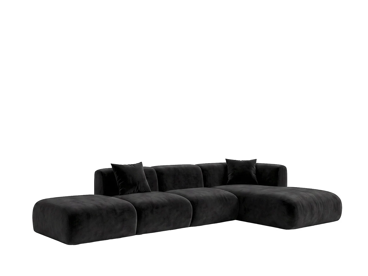 Canapé d'angle en L avec pouf, tissu velours Bluvel, Noir, Droite, GRETA