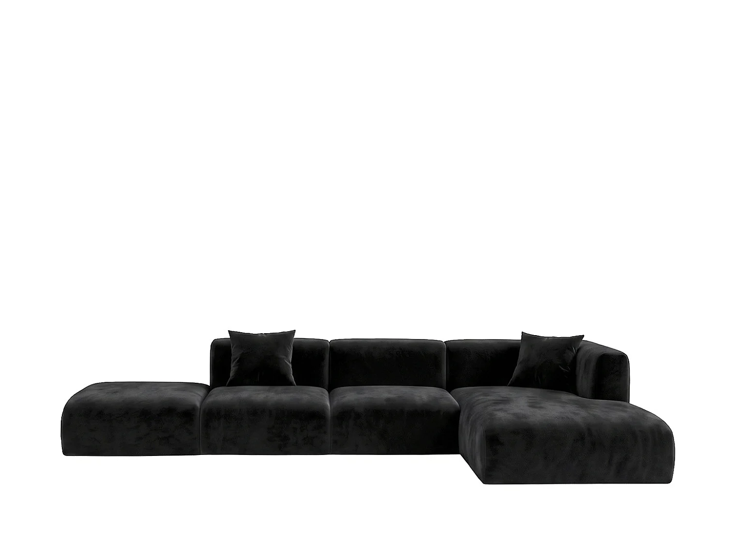 Canapé d'angle en L avec pouf, tissu velours Bluvel, Noir, Droite, GRETA