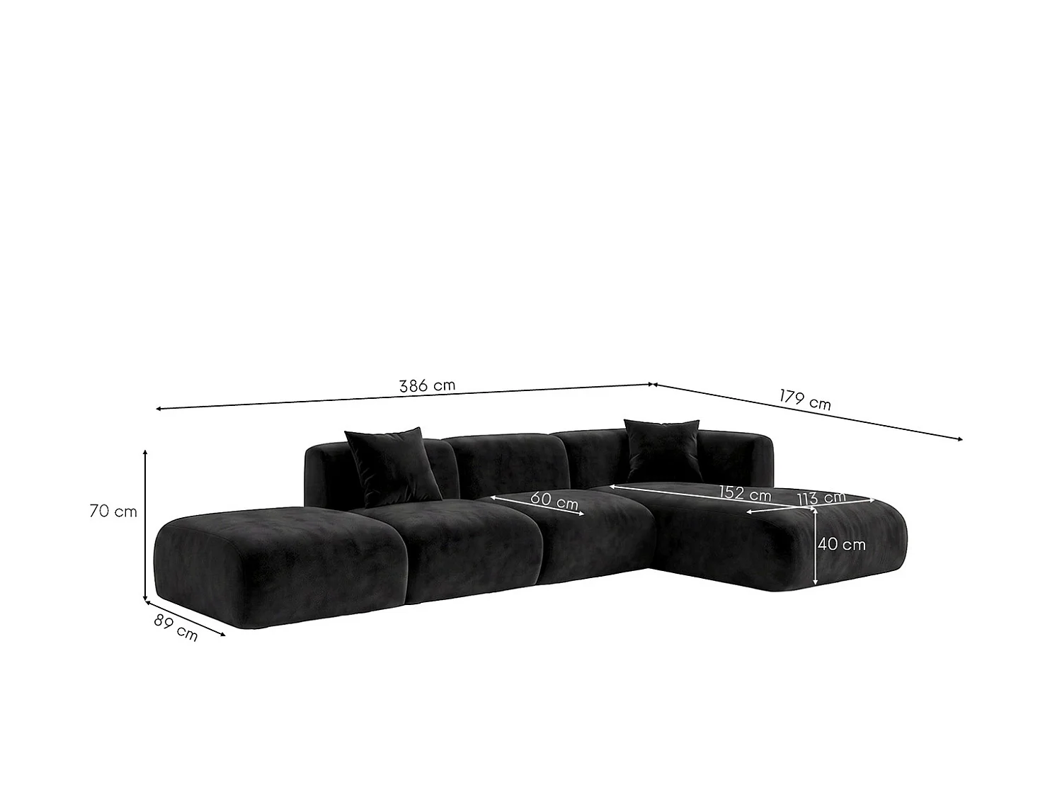 Canapé d'angle en L avec pouf, tissu velours Bluvel, Noir, Droite, GRETA