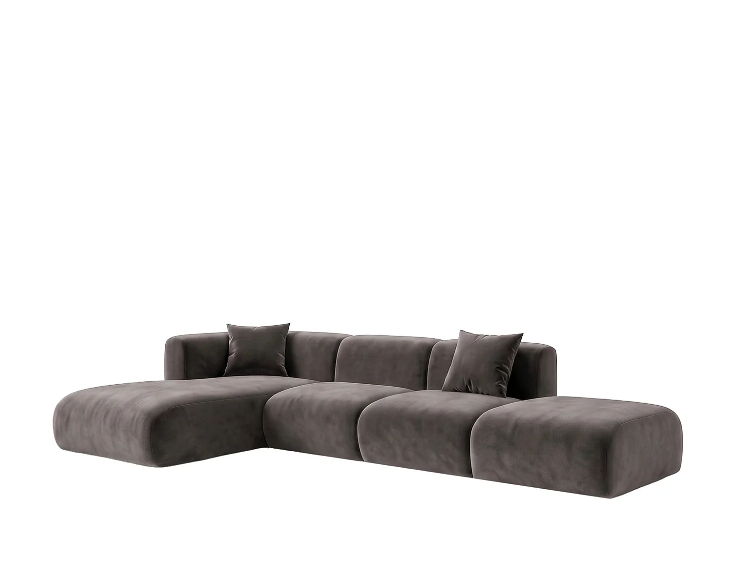 Canapé d'angle en L avec pouf, tissu velours Bluvel, Gris cendré, Gauche, GRETA