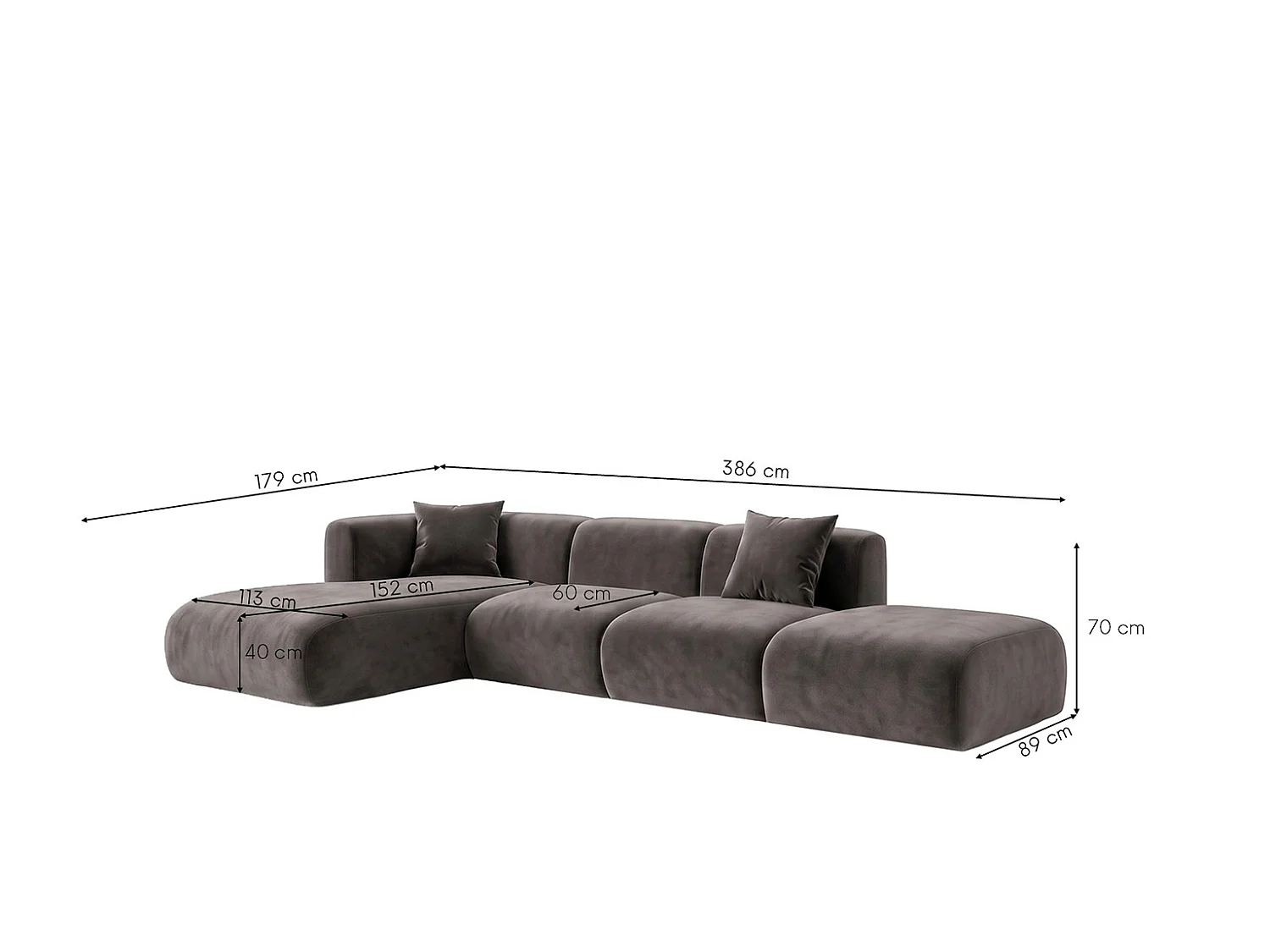 Canapé d'angle en L avec pouf, tissu velours Bluvel, Gris cendré, Gauche, GRETA