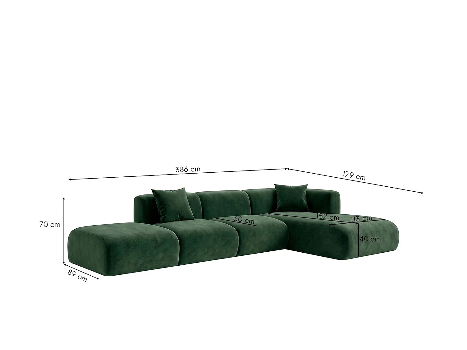 Canapé d'angle en L avec pouf, tissu velours Bluvel, Vert, Droite, GRETA