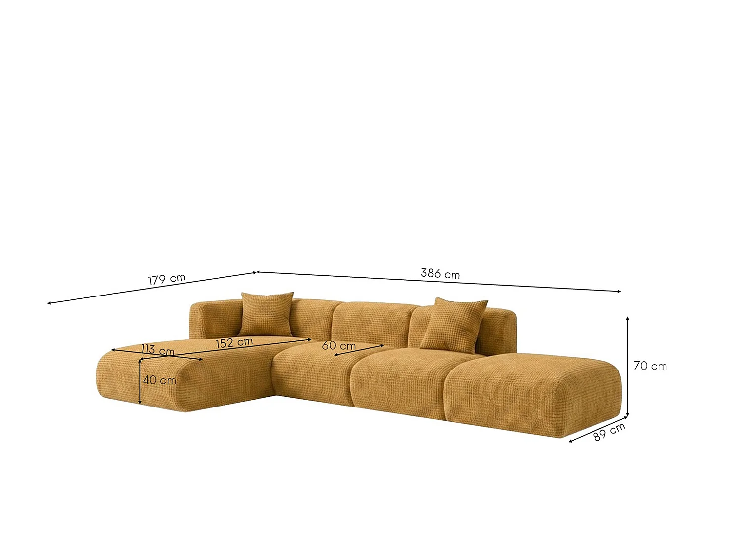 Canapé d’angle en L avec pouf, tissu chenille Cremona, Doré, Gauche, GRETA