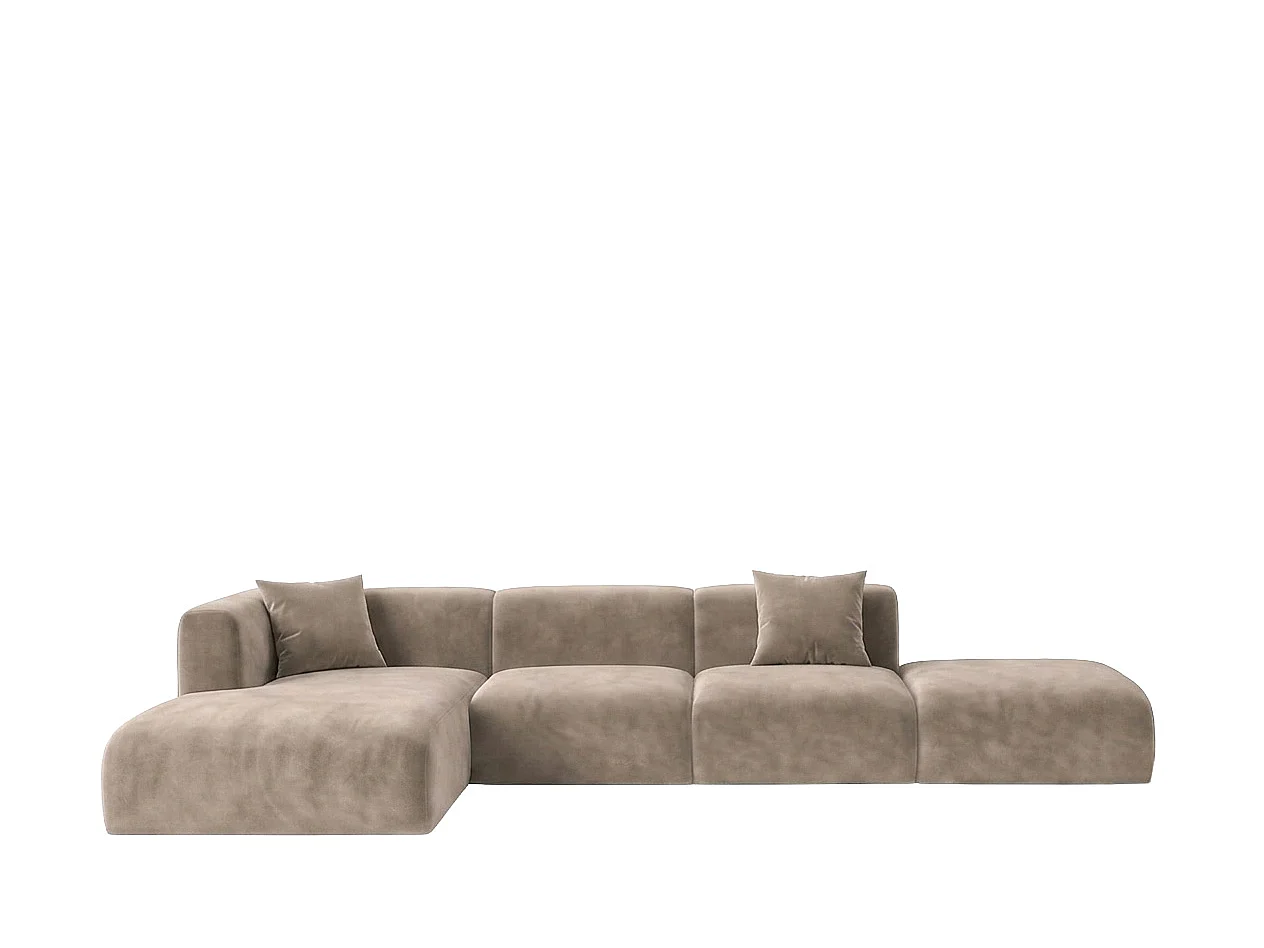 Canapé d'angle en L avec pouf, tissu velours Bluvel, Latte, Gauche, GRETA