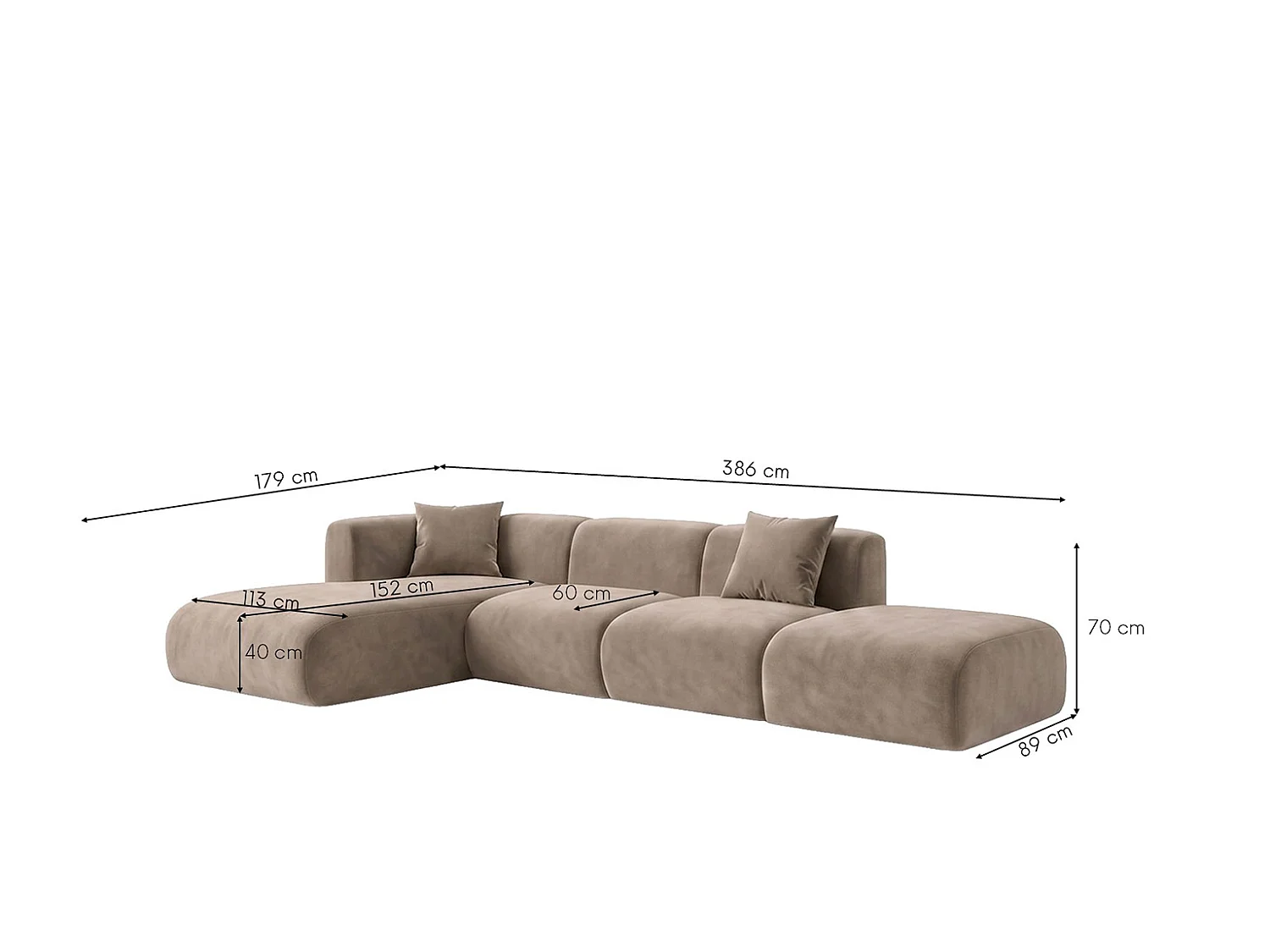 Canapé d'angle en L avec pouf, tissu velours Bluvel, Latte, Gauche, GRETA