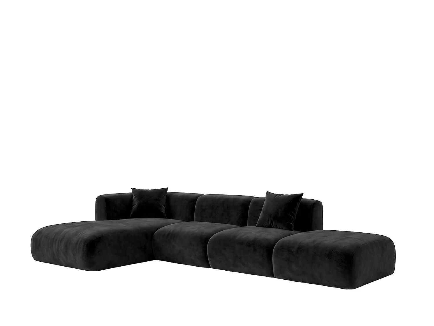 Canapé d'angle en L avec pouf, tissu velours Bluvel, Noir, Gauche, GRETA