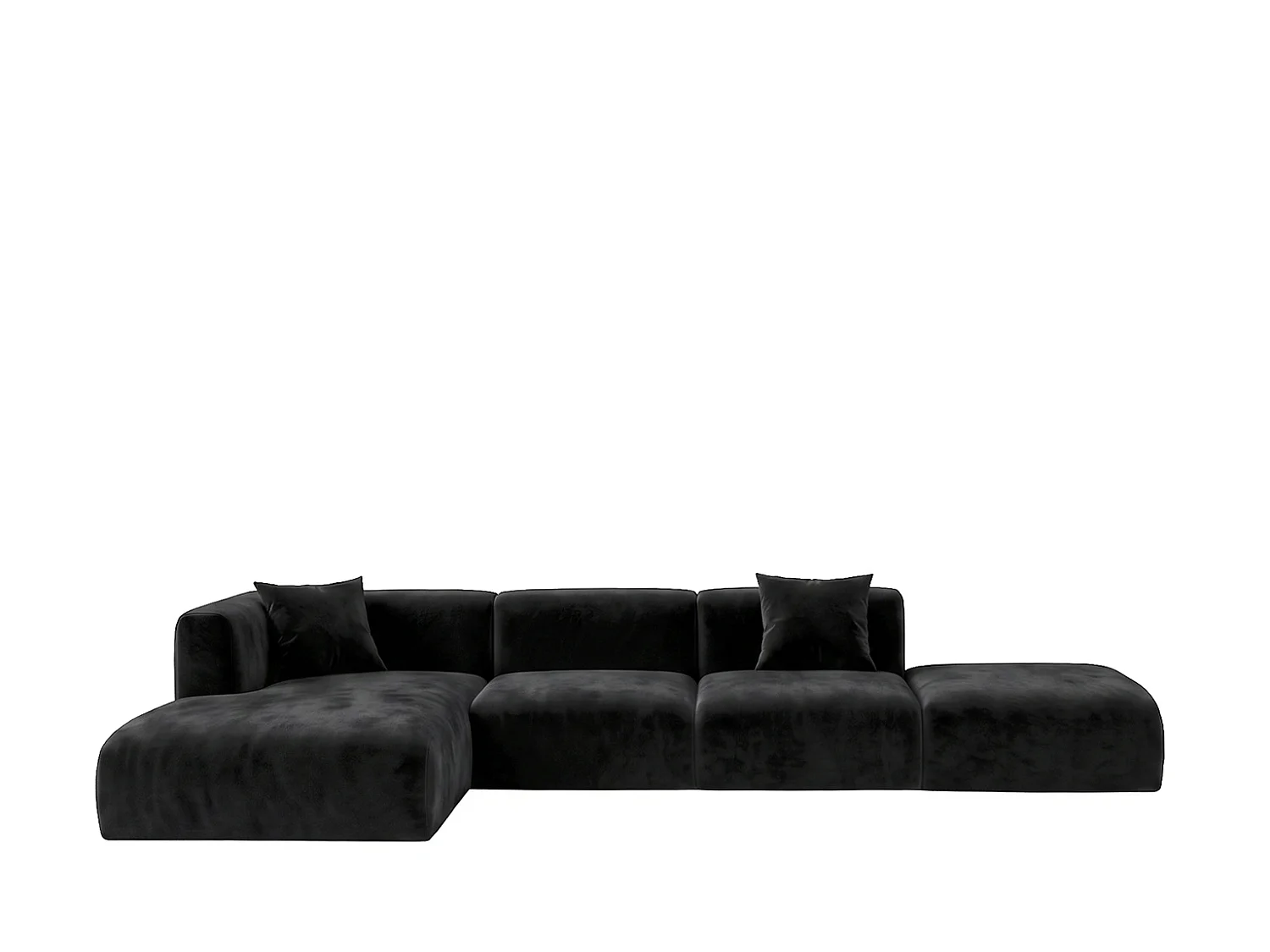 Canapé d'angle en L avec pouf, tissu velours Bluvel, Noir, Gauche, GRETA