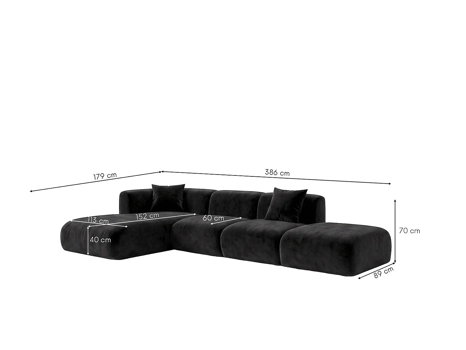 Canapé d'angle en L avec pouf, tissu velours Bluvel, Noir, Gauche, GRETA