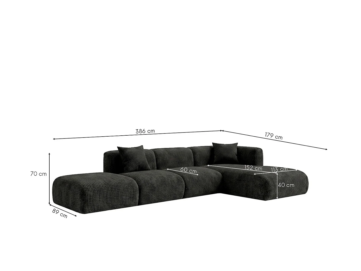 Canapé d’angle en L avec pouf, tissu chenille Cremona, Anthracite, Droit, GRETA